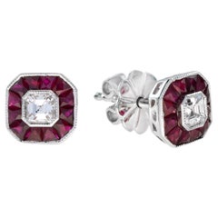 Diamond & Pink Red Ruby Halo Art Deco Style Octagon White Gold Stud Earrings