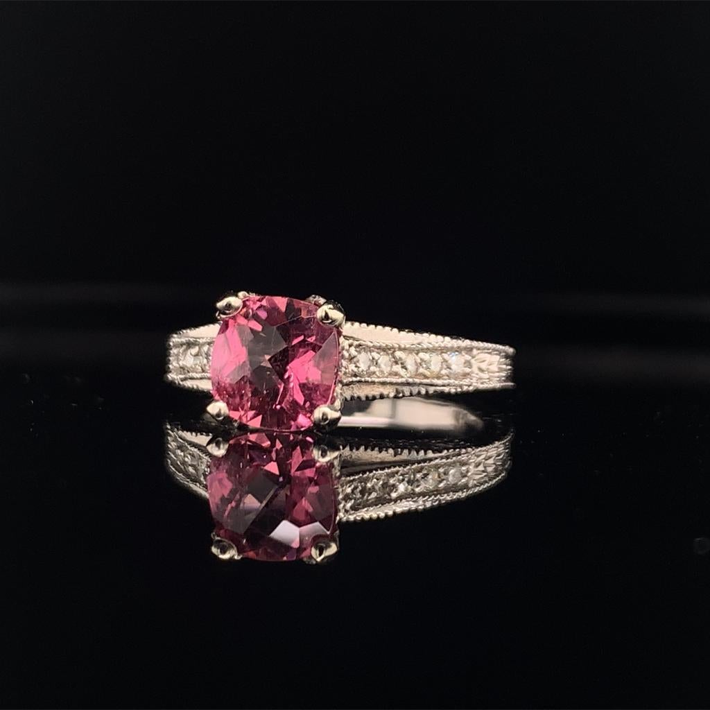 Cushion Cut Diamond Pink Tourmaline Rubellite Ring 6.5 14k White Gold 2.45 TCW Certified For Sale