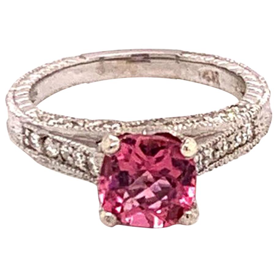 Diamond Pink Tourmaline Rubellite Ring 6.5 14k White Gold 2.45 TCW Certified For Sale