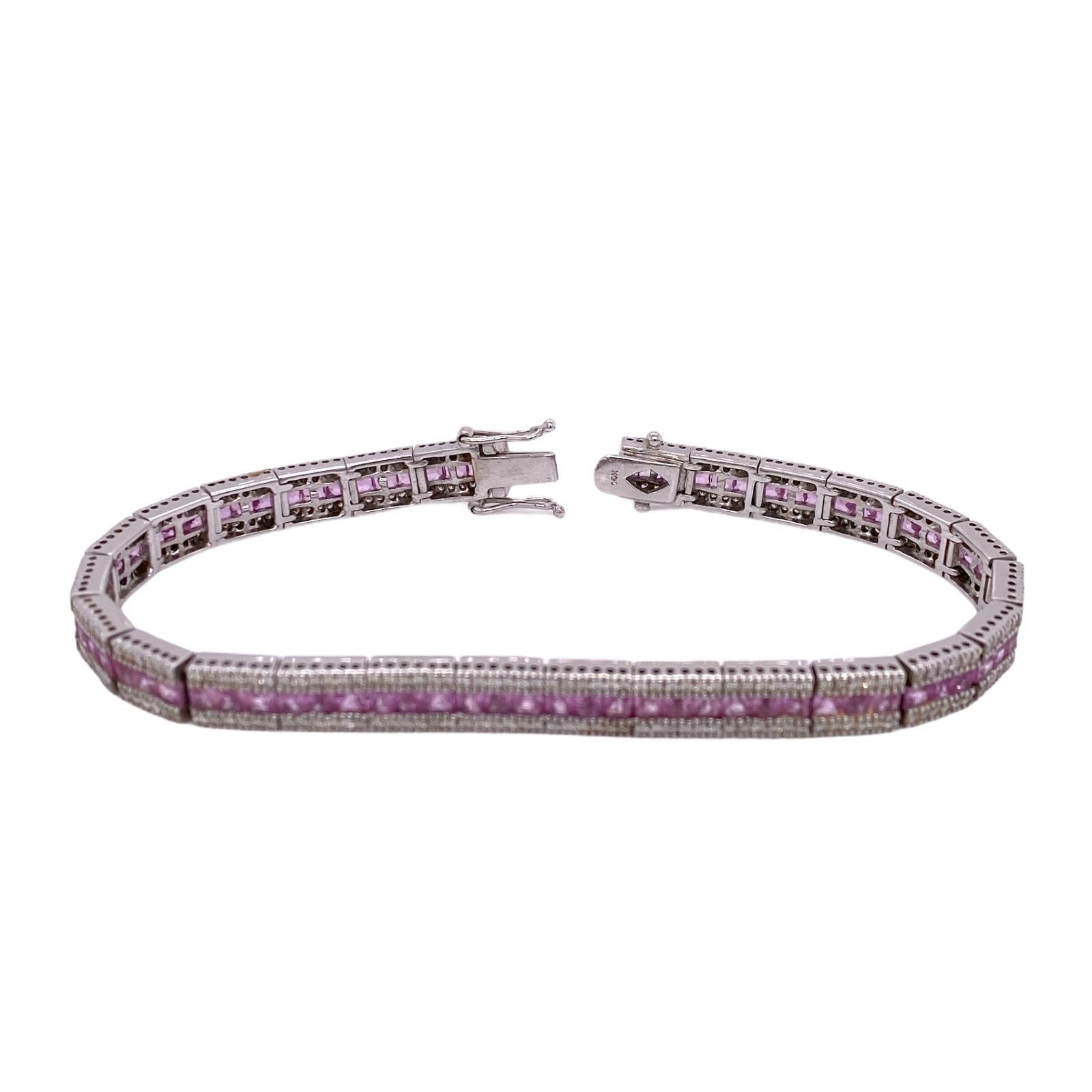 Round Cut Diamond Pink Sapphire 14 Karat White Gold Tennis Line Bracelet 