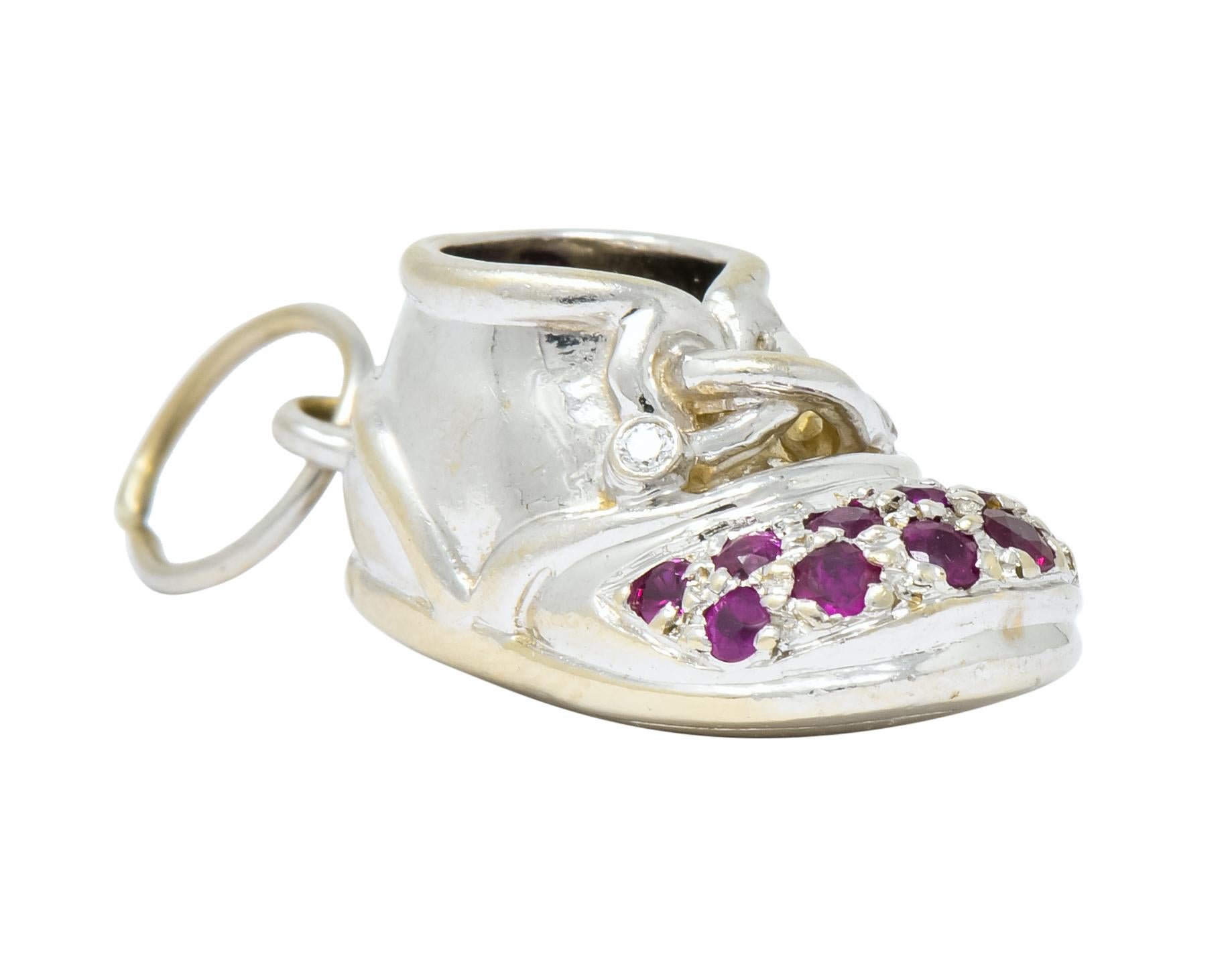 Diamond Pink Sapphire 18 Karat Gold Baby Shoe Charm In Excellent Condition In Philadelphia, PA