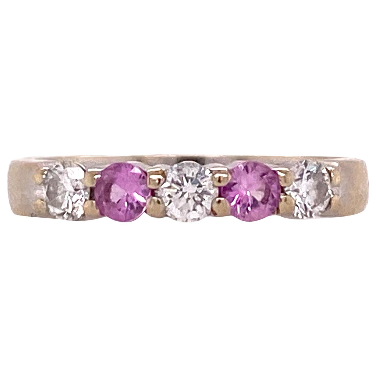 Diamond Pink Sapphire 18 Karat White and Yellow Gold Wedding Band Ring