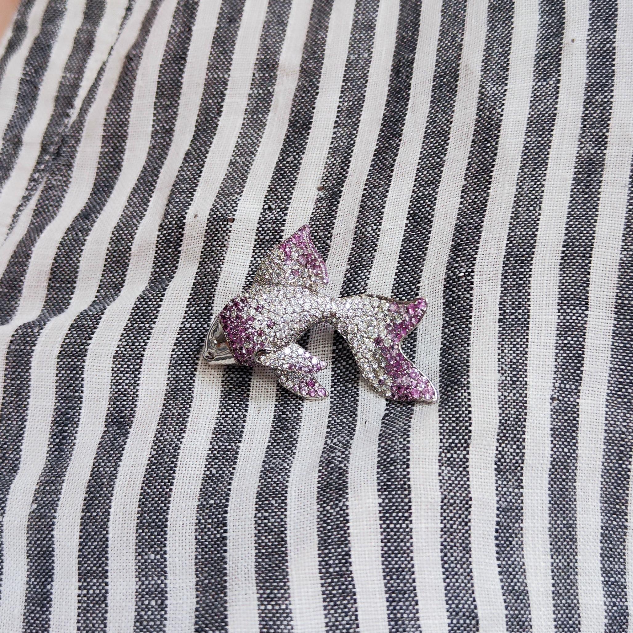 Diamond Pink Sapphire 18 Karat White Gold Golden Fish Brooch 3