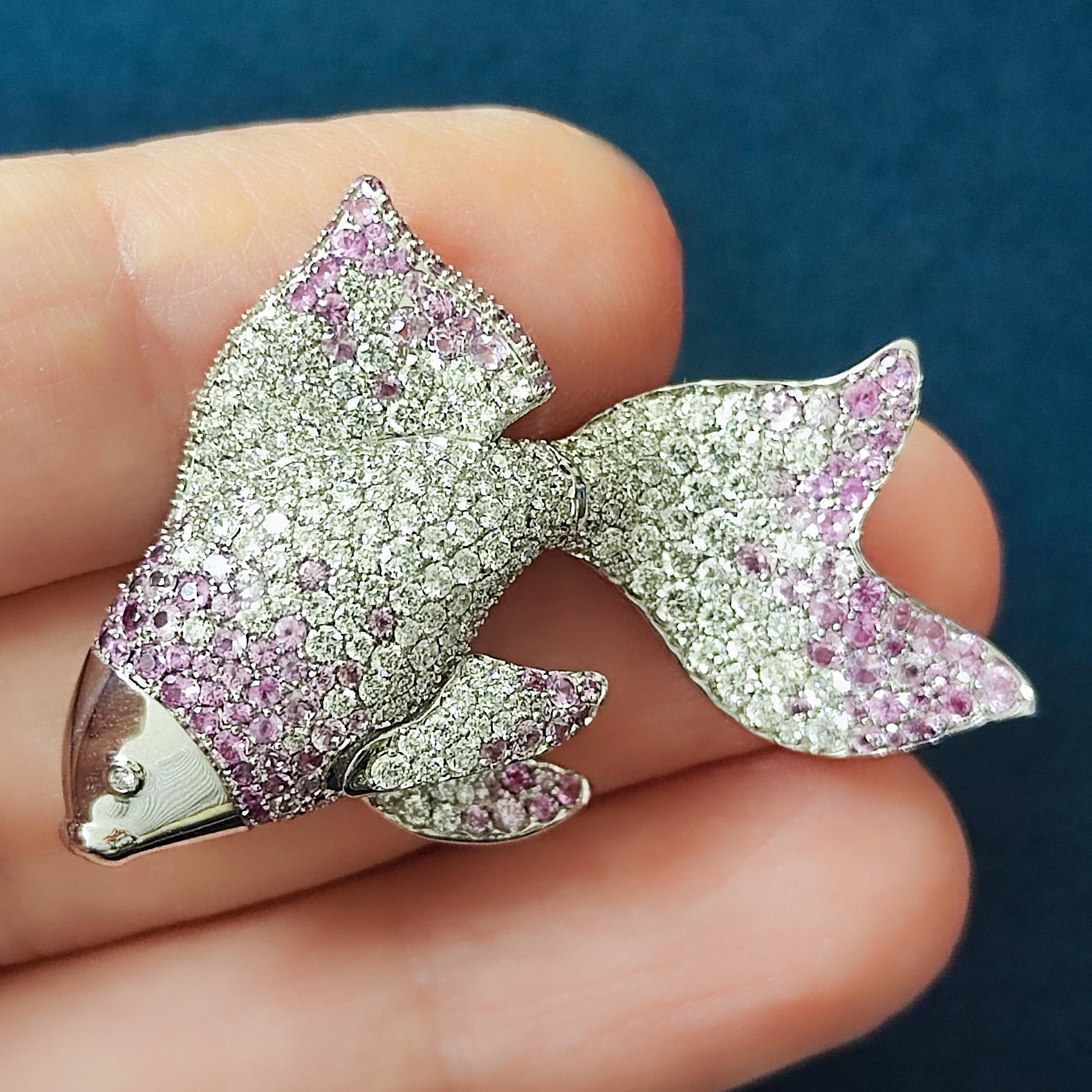 Contemporary Diamond Pink Sapphire 18 Karat White Gold Golden Fish Brooch