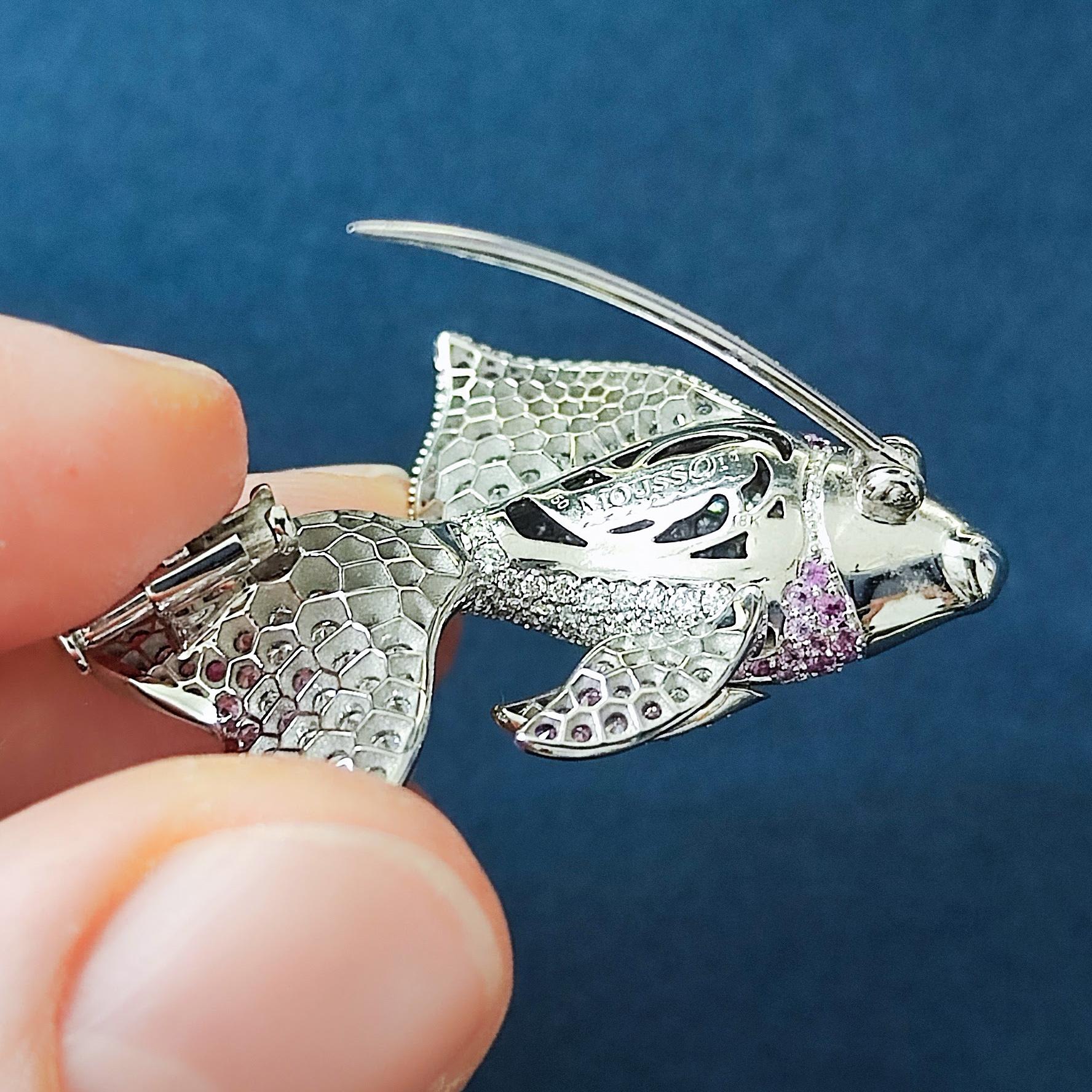 Women's or Men's Diamond Pink Sapphire 18 Karat White Gold Golden Fish Brooch