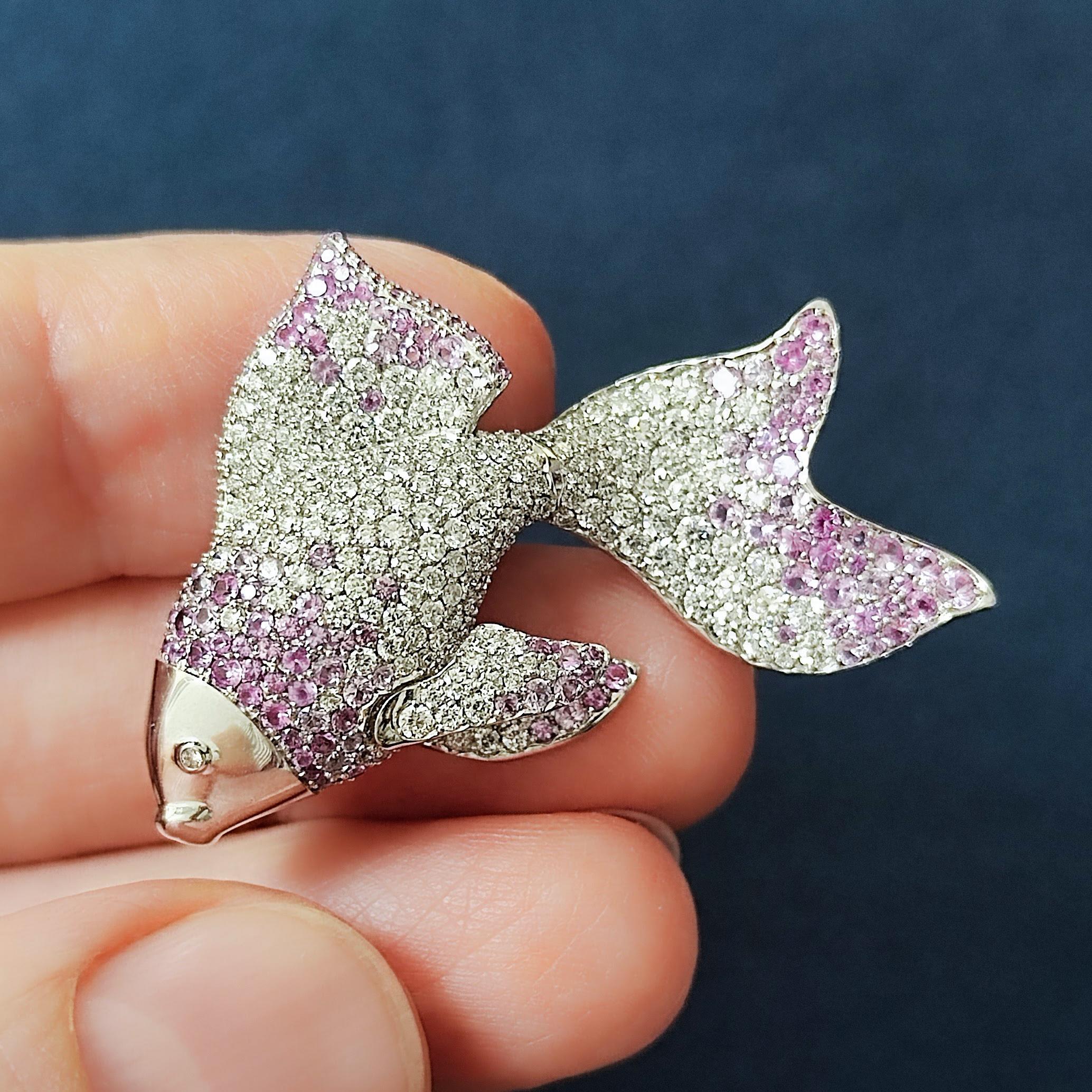 Diamond Pink Sapphire 18 Karat White Gold Golden Fish Brooch 1