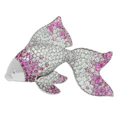 Diamond Pink Sapphire 18 Karat White Gold Golden Fish Brooch