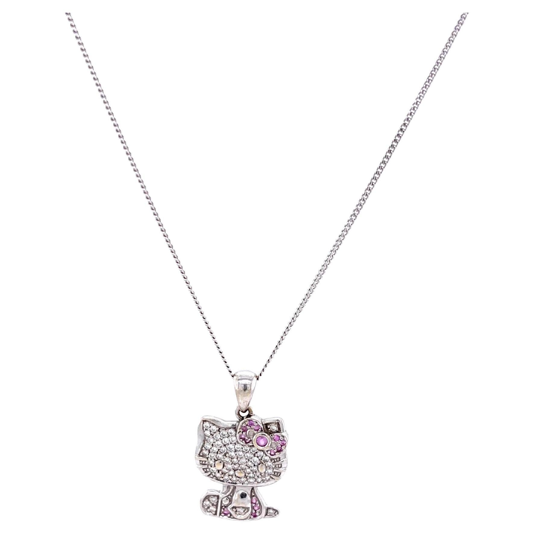 Diamond Pink Sapphire 18 Karat White Gold Hello Kitty Necklace