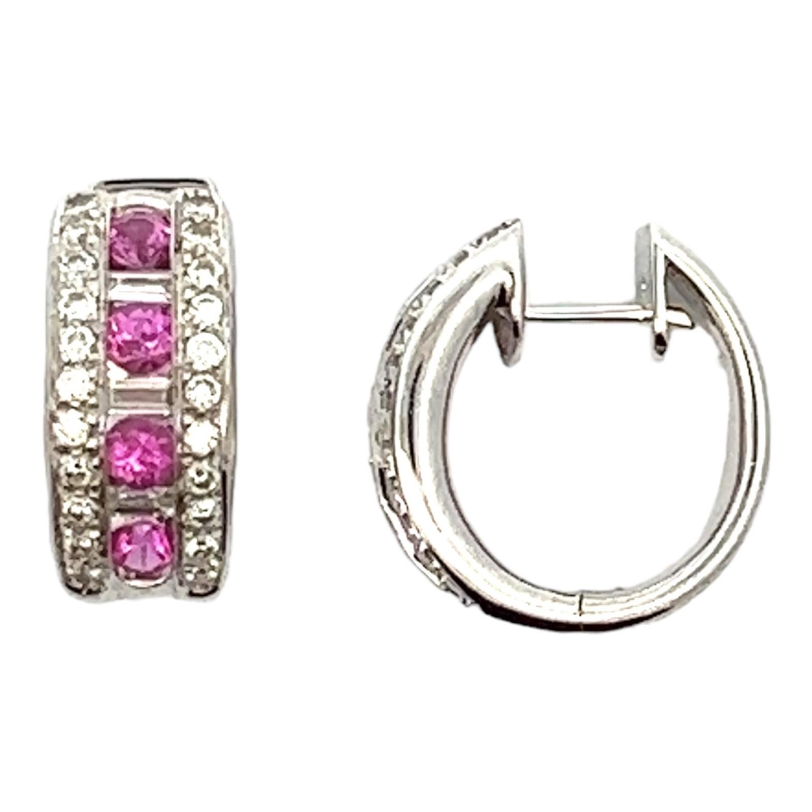 Diamond Pink Sapphire 18 Karat White Gold Round Modern Hoop Earrings  In Excellent Condition For Sale In Boca Raton, FL