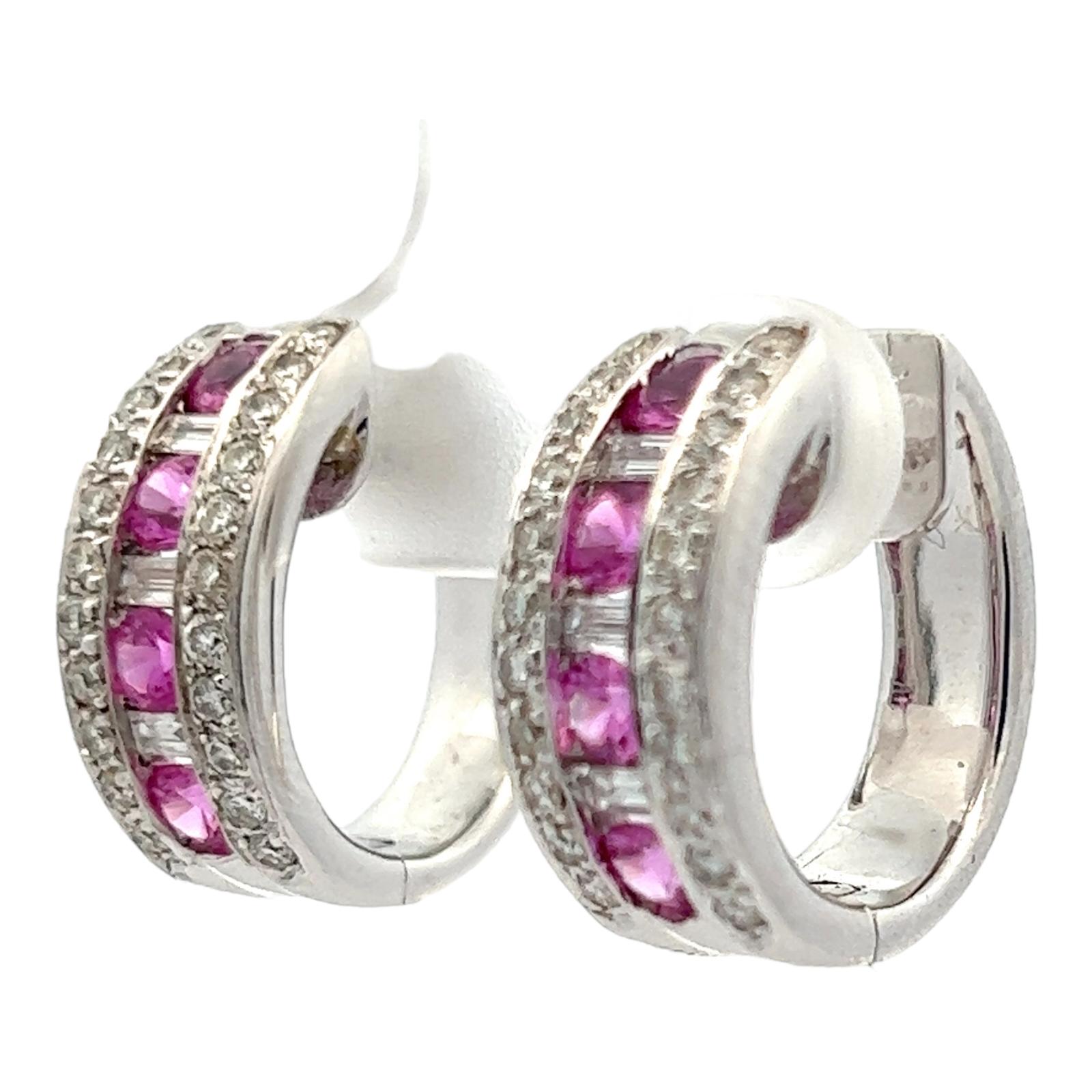 Women's Diamond Pink Sapphire 18 Karat White Gold Round Modern Hoop Earrings  For Sale