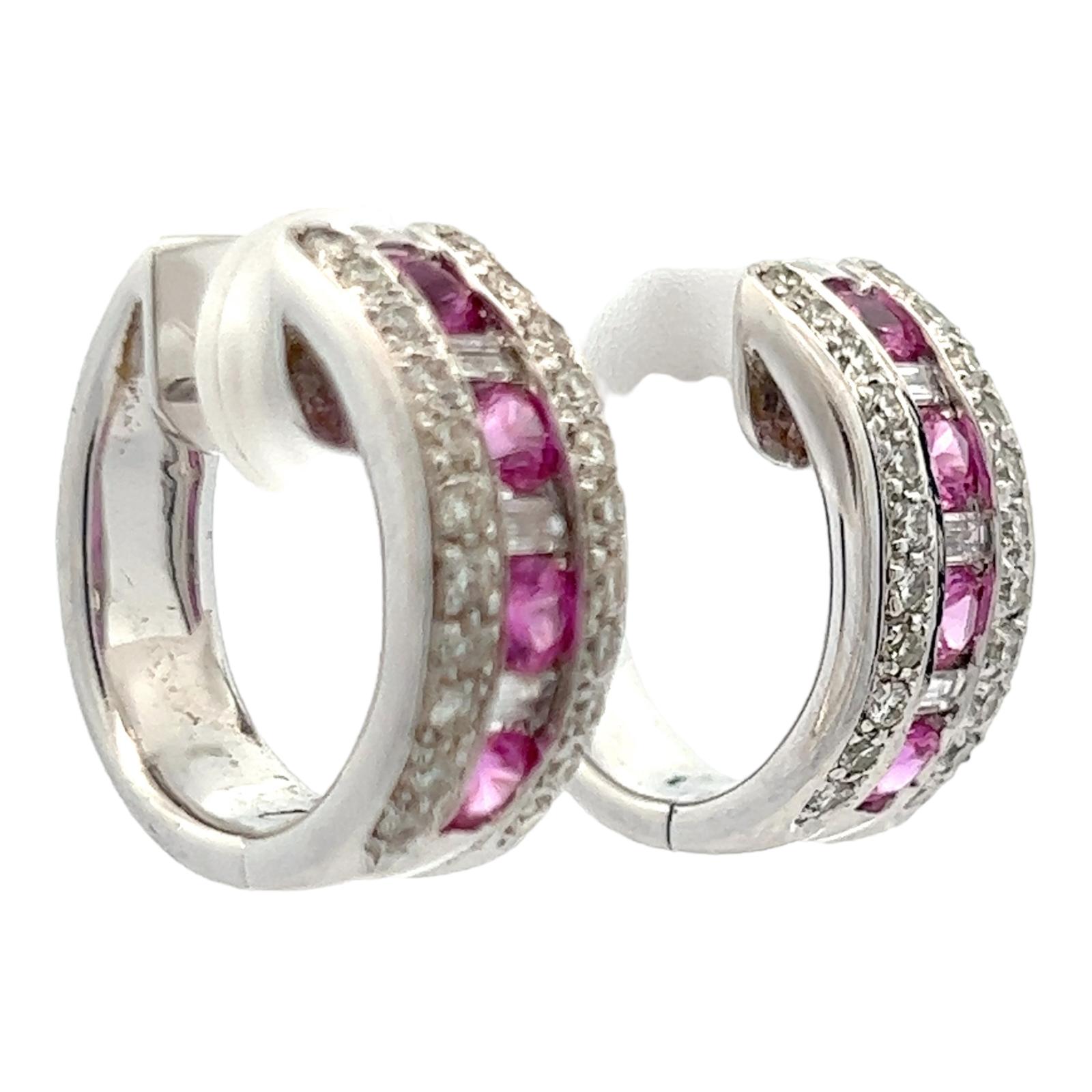 Diamond Pink Sapphire 18 Karat White Gold Round Modern Hoop Earrings  For Sale 1