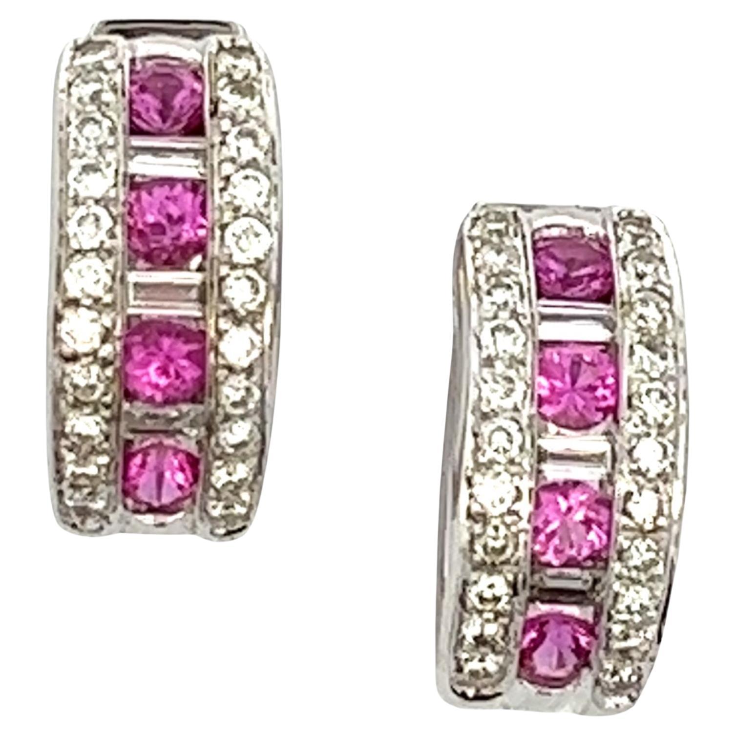 Diamond Pink Sapphire 18 Karat White Gold Round Modern Hoop Earrings  For Sale