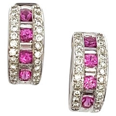 Diamond Pink Sapphire 18 Karat White Gold Round Modern Hoop Earrings 