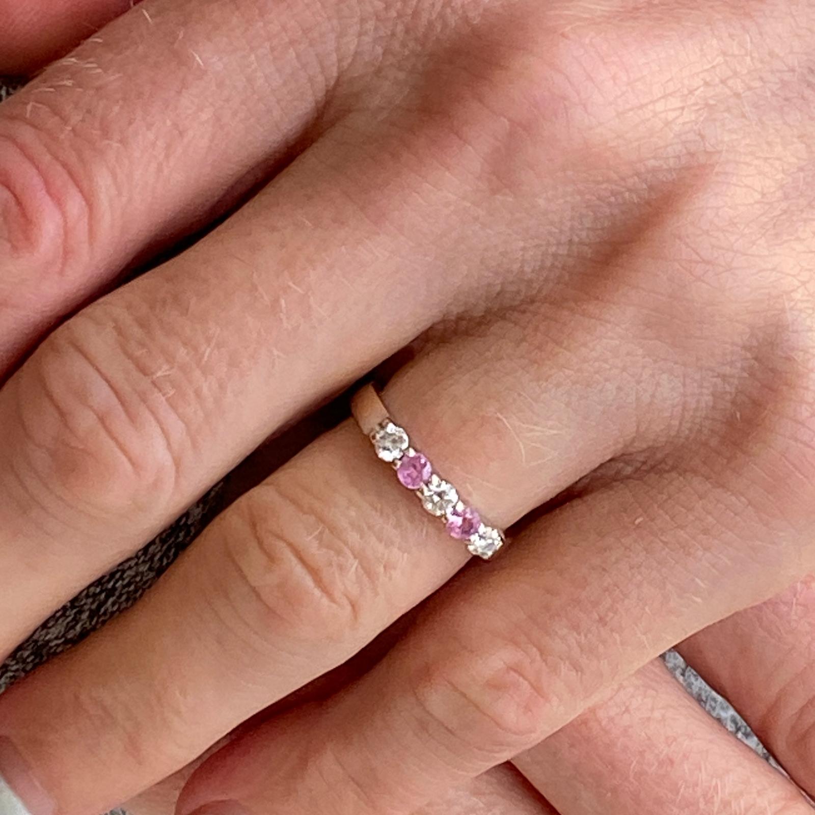 Modern Diamond Pink Sapphire 18 Karat White and Yellow Gold Wedding Band Ring