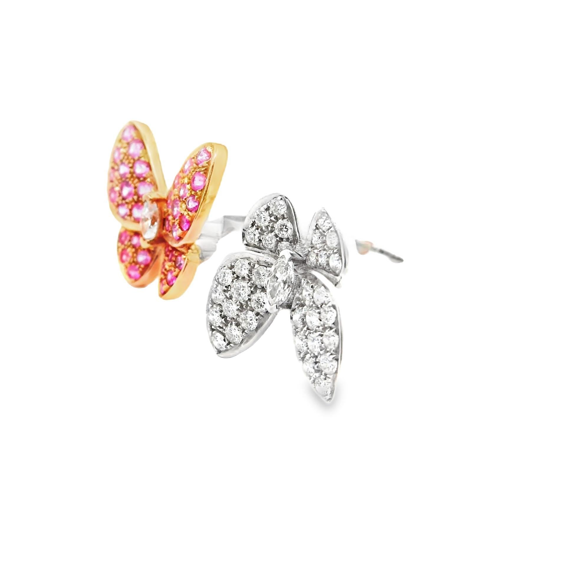 Round Cut Diamond & Pink Sapphire 18k White Gold Twin Butterfly Ring For Sale