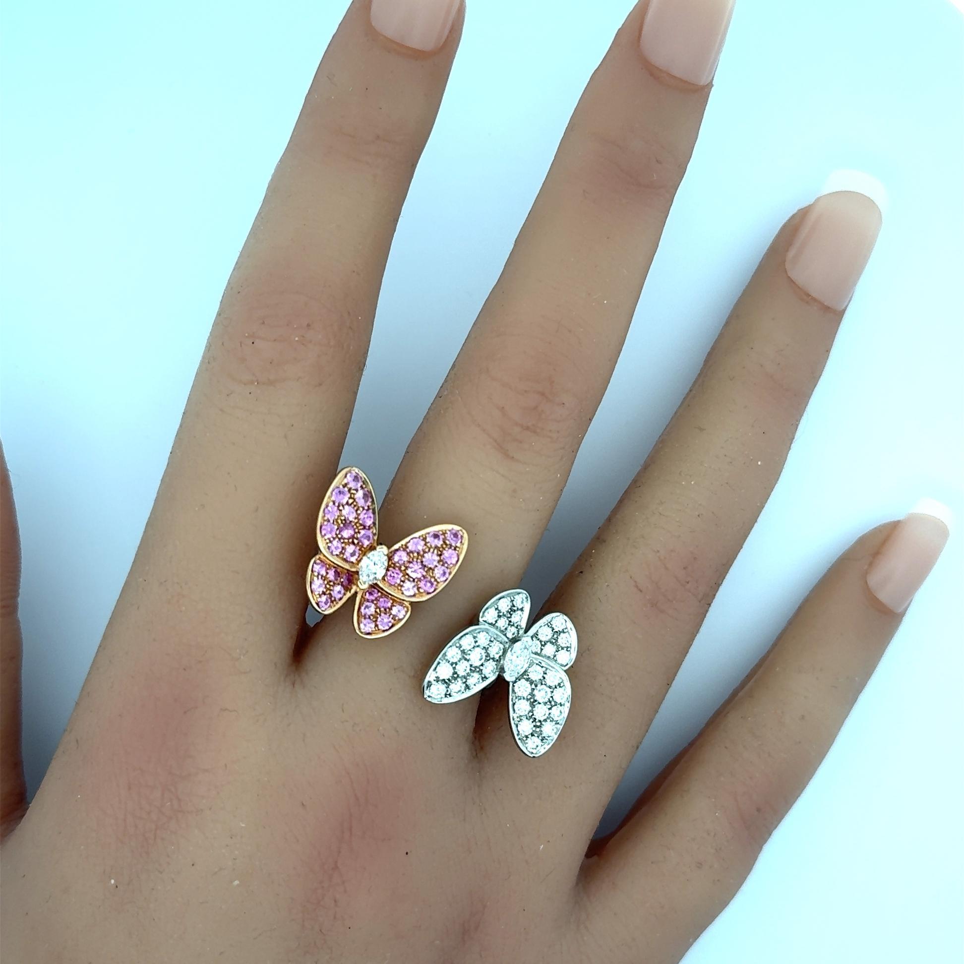 Diamond & Pink Sapphire 18k White Gold Twin Butterfly Ring In New Condition For Sale In Beverly Hills, CA