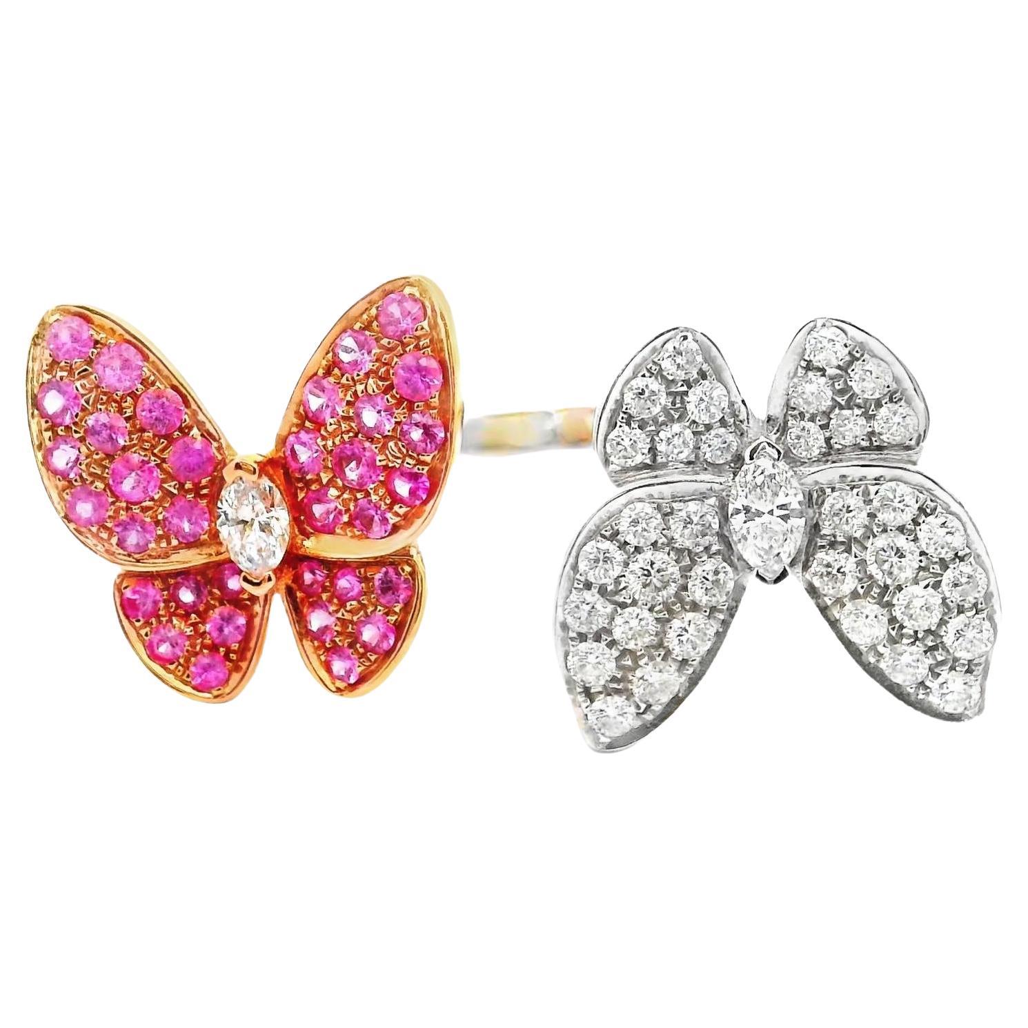 Diamond & Pink Sapphire 18k White Gold Twin Butterfly Ring For Sale