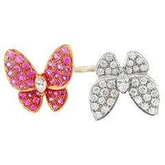 Diamond & Pink Sapphire 18k White Gold Twin Butterfly Ring