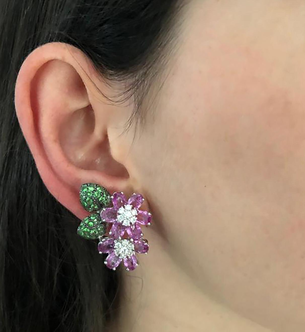 Oval Cut Diamond, Pink Sapphire and Tsavorite Flower Earrings