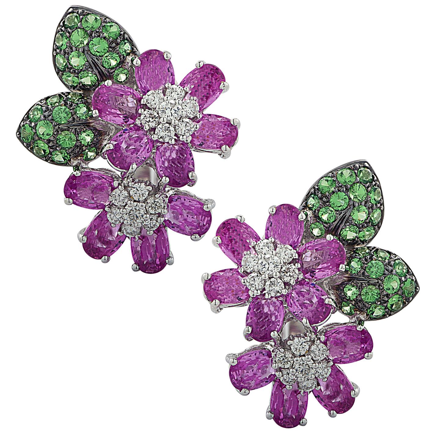 Diamond, Pink Sapphire and Tsavorite Flower Earrings