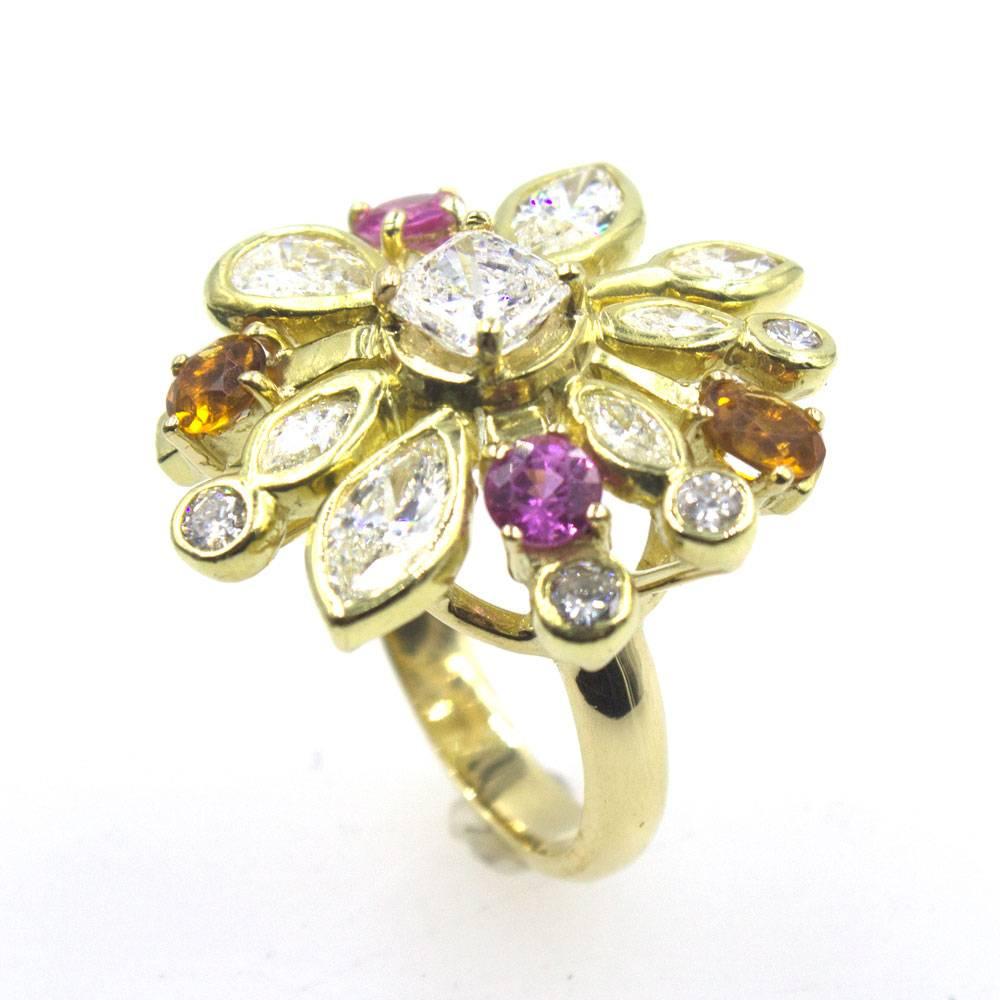 Modern Diamond Pink Sapphire Citrine Starburst 18 Karat Yellow Gold Ring