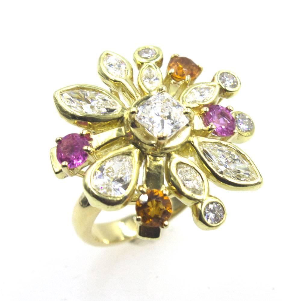 Radiant Cut Diamond Pink Sapphire Citrine Starburst 18 Karat Yellow Gold Ring