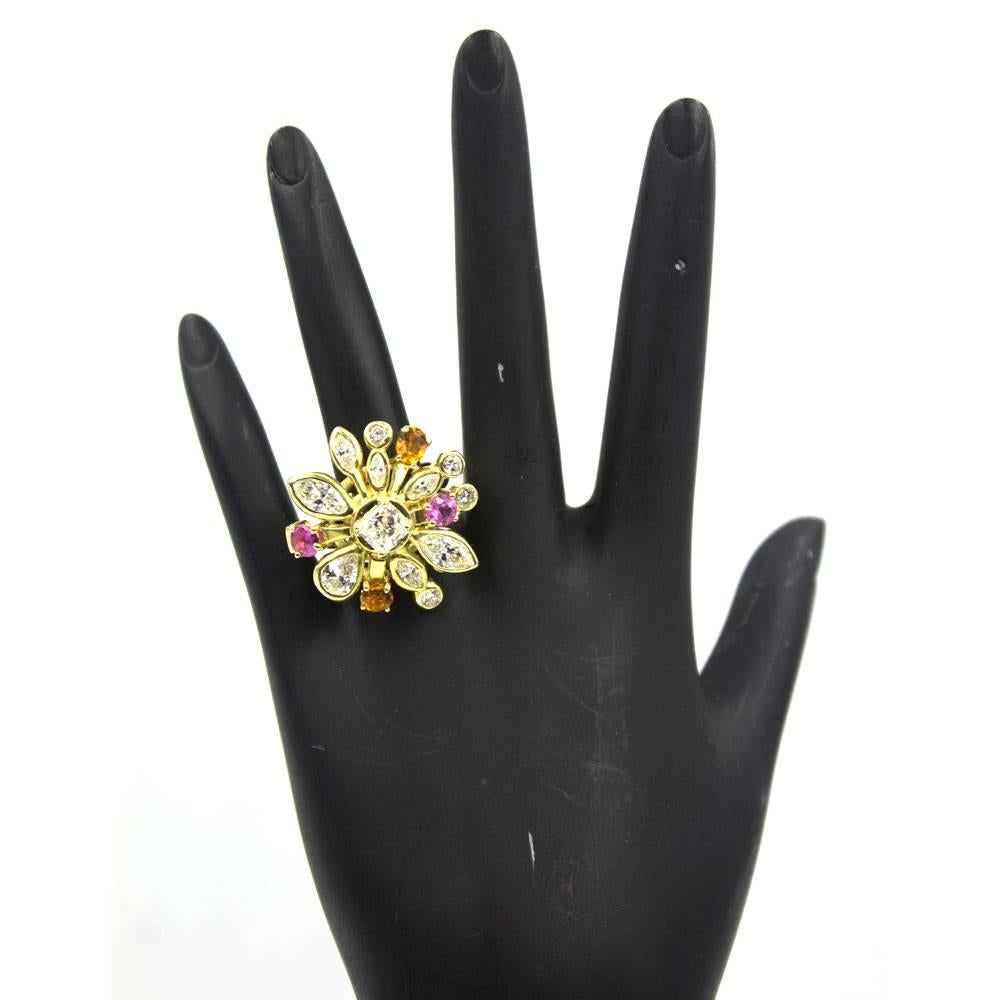 Diamond Pink Sapphire Citrine Starburst 18 Karat Yellow Gold Ring In Excellent Condition In Boca Raton, FL
