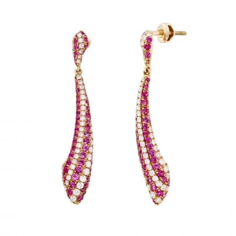 Modern Diamond Pink Sapphire Dangle 14k Rose Gold Earrings for Her For Sale