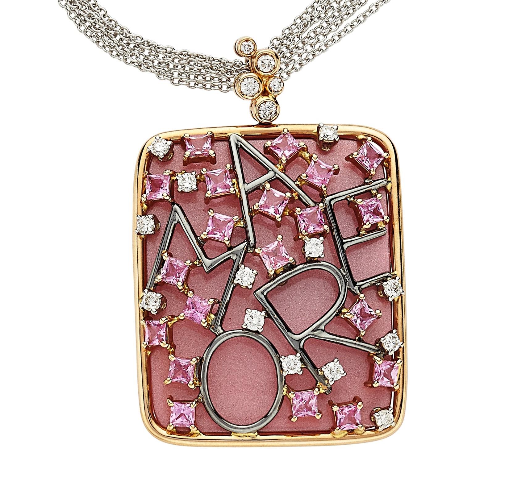 Pendentif en or jaune 18k diamant, saphir rose, émail avec chaîne multiple 16 en vente 3