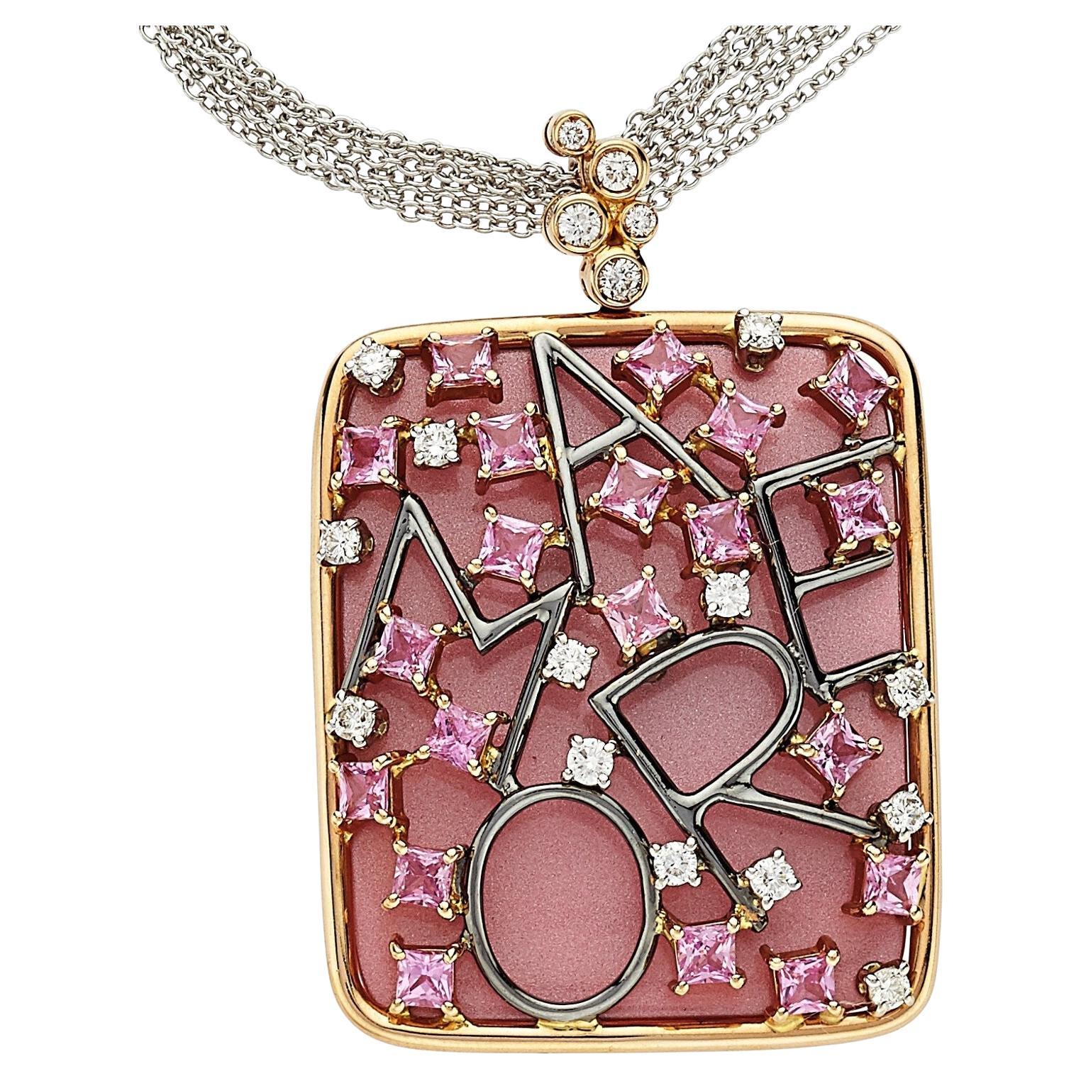 18k Yellow Gold Diamond, Pink Sapphire, Enamel Pendant w/ 16" Multi-Chain