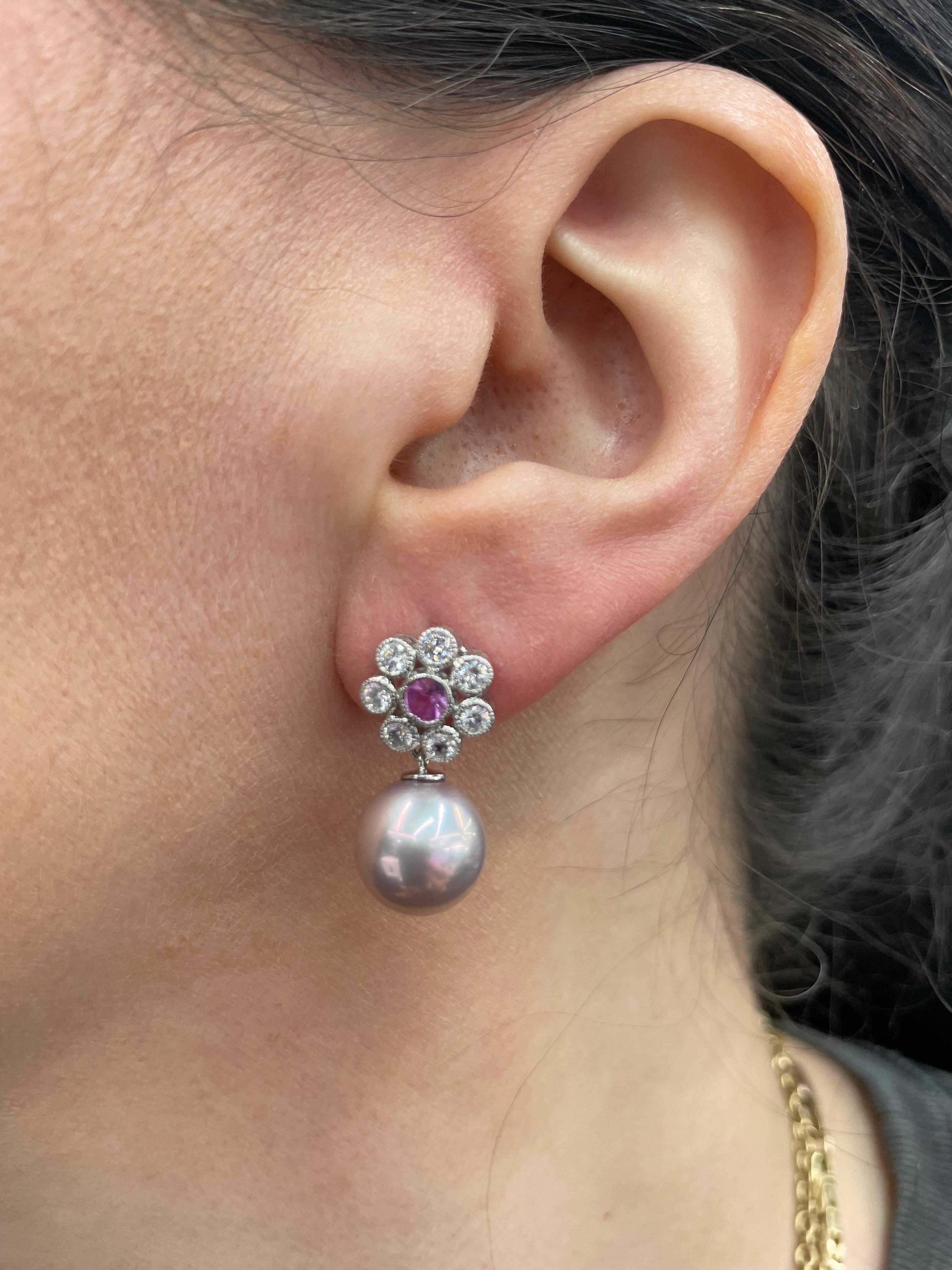 Round Cut Diamond Pink Sapphire Floral Freshwater Pearl Drop Earrings 1.10 CTTW 10-11 MM For Sale