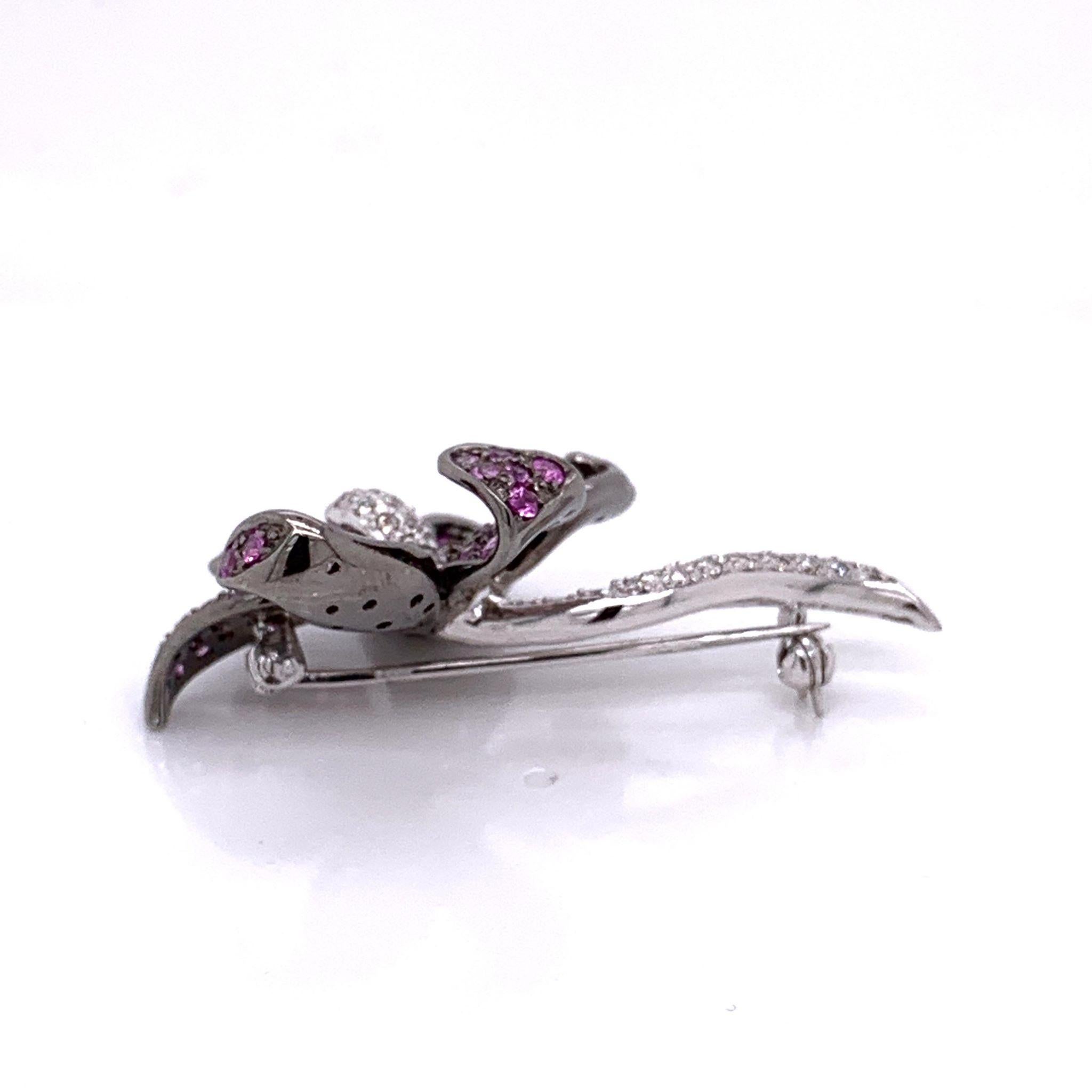 Round Cut Diamond Pink Sapphire Gold Orchid Pin Brooch For Sale
