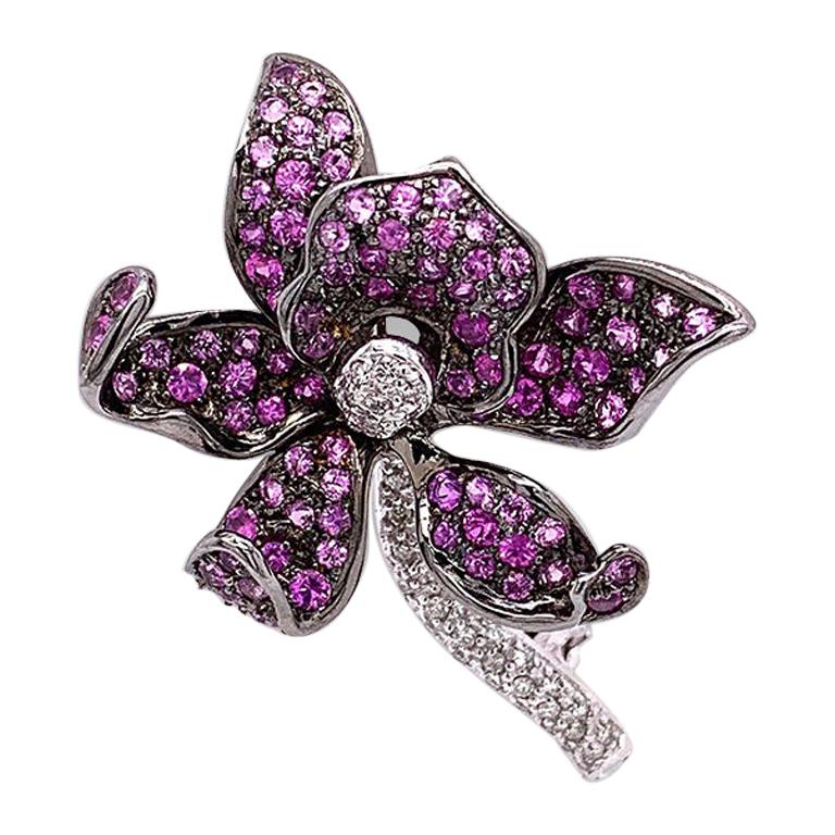 Diamond Pink Sapphire Gold Orchid Pin Brooch For Sale