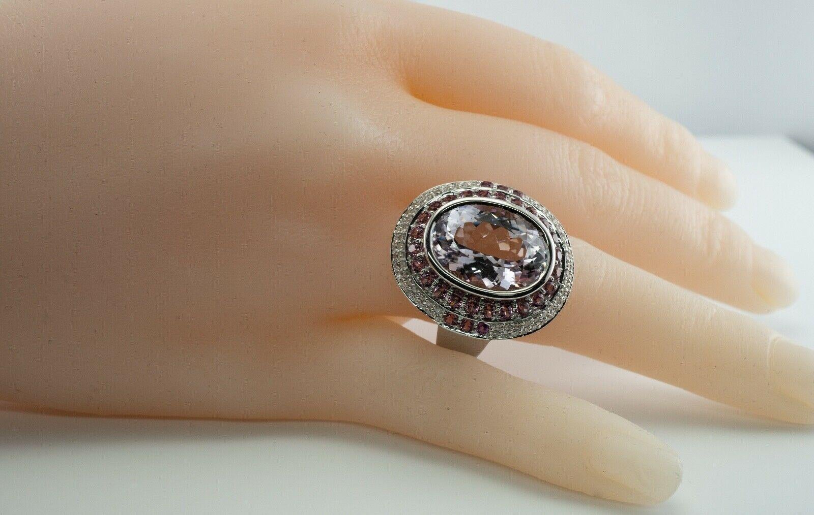 De las mujeres Diamante Zafiro Rosa Kunzita Anillo Cóctel Oro Blanco 14K en venta