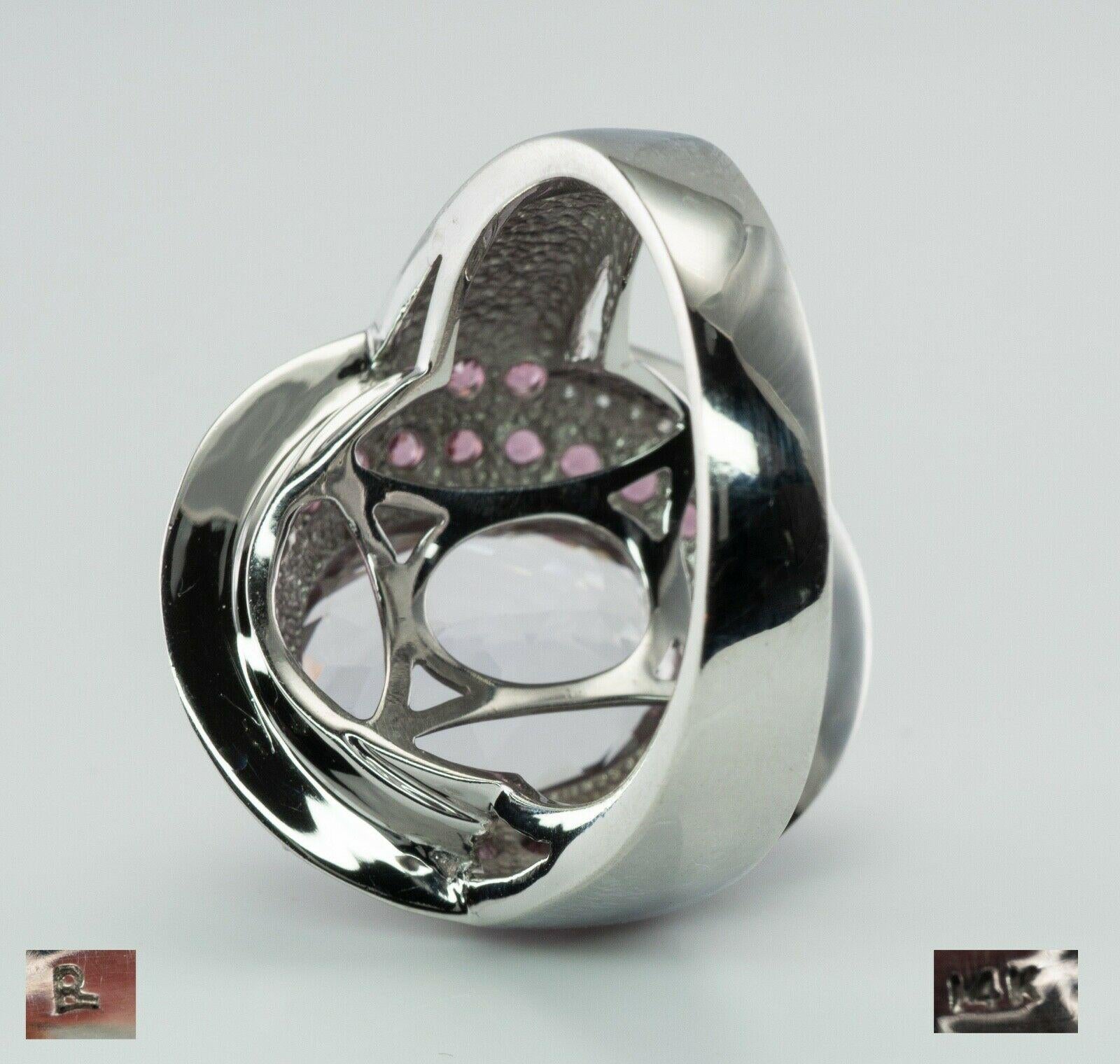 Diamante Zafiro Rosa Kunzita Anillo Cóctel Oro Blanco 14K en venta 1