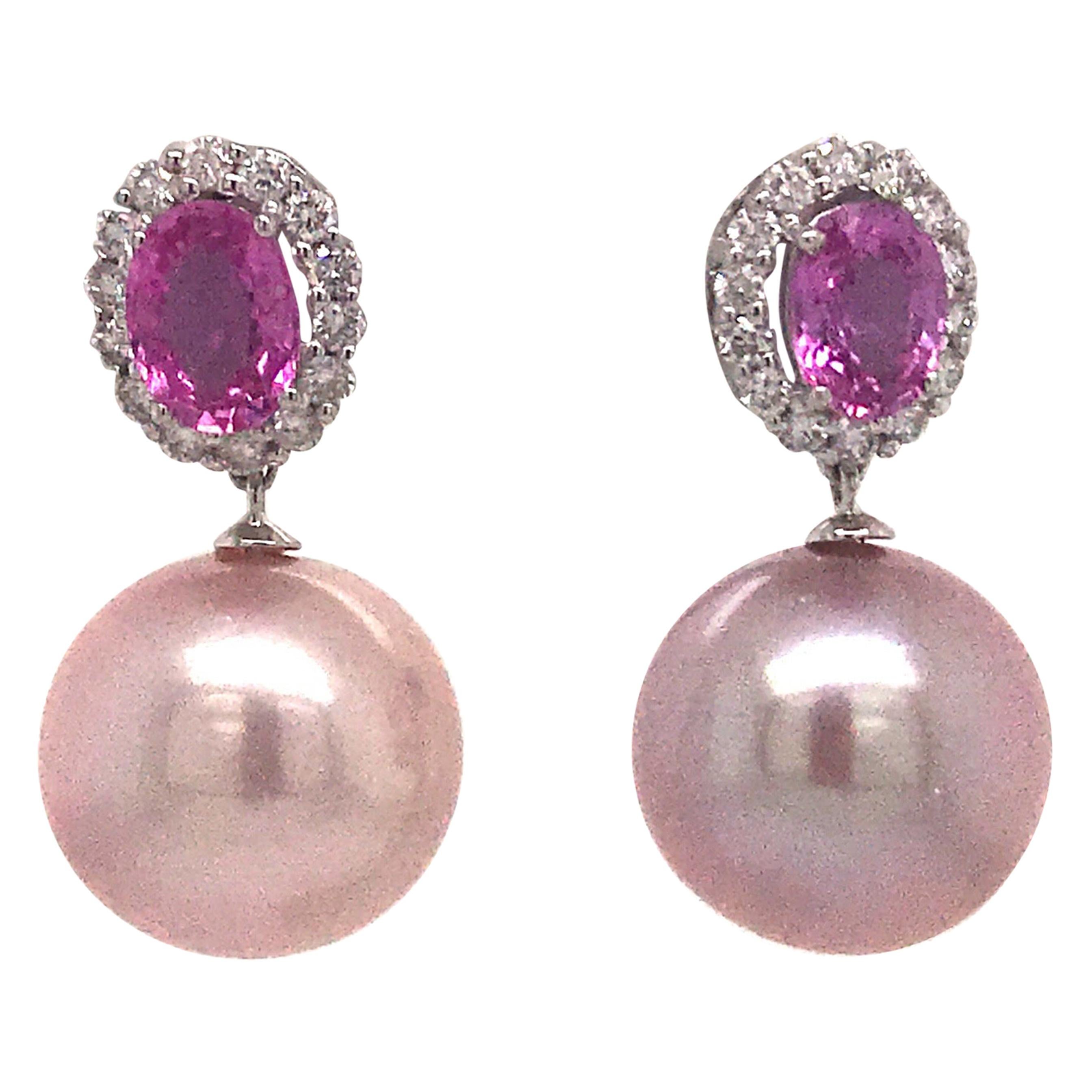 Diamond Pink Sapphire Pink Freshwater Pearl 2.32 Carat 18 Karat White Gold For Sale