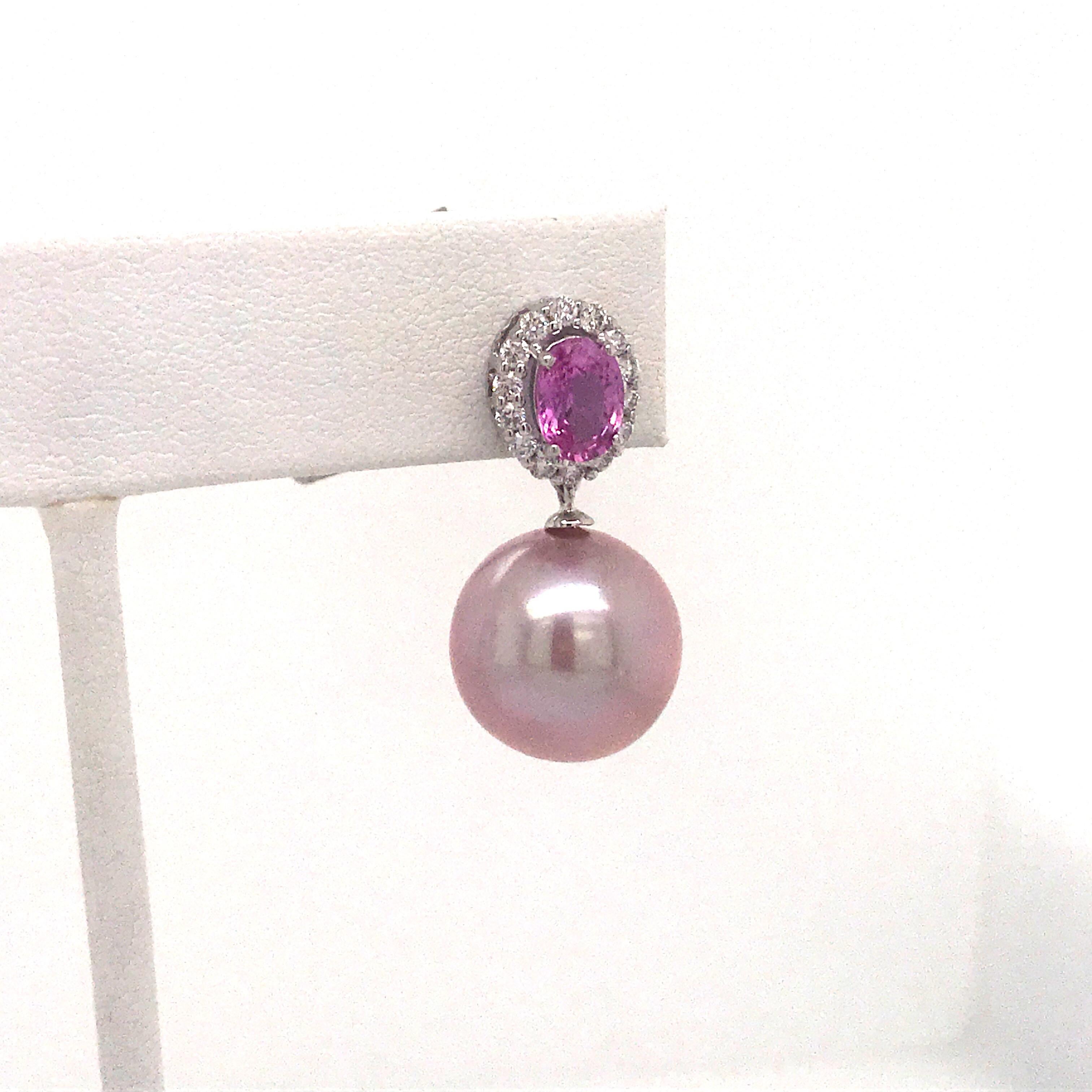 Contemporary Diamond Pink Sapphire Pink Freshwater Pearl 2.32 Carat 18 Karat White Gold For Sale