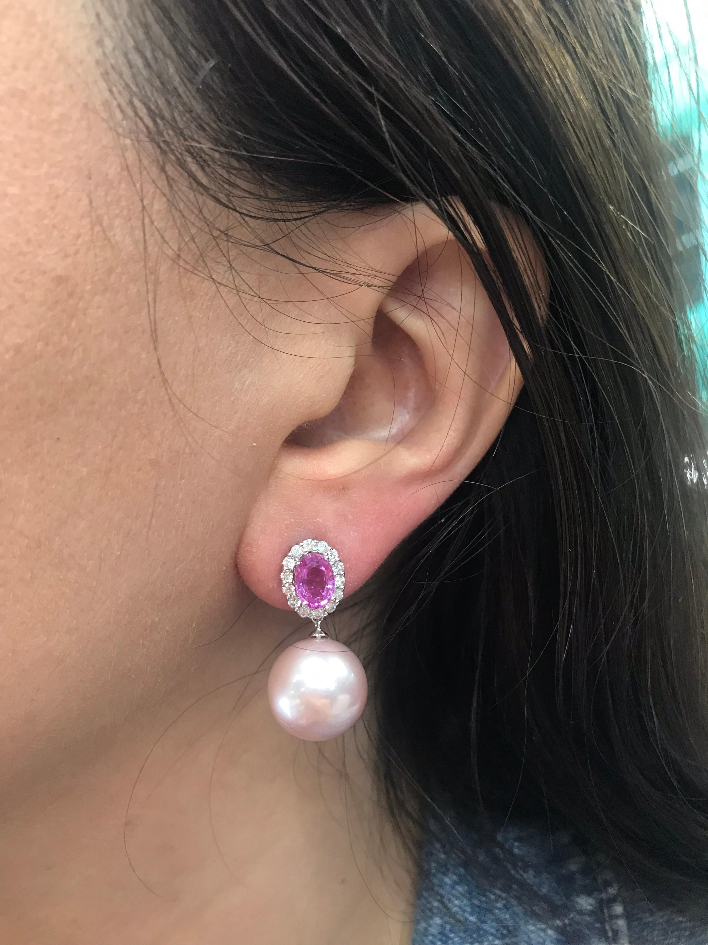 Women's Diamond Pink Sapphire Pink Freshwater Pearl 2.32 Carat 18 Karat White Gold For Sale