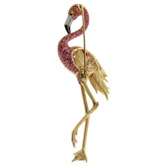 Diamond Pink Orange Sapphire Enamel 18 Karat Yellow Gold Flamingo Brooch