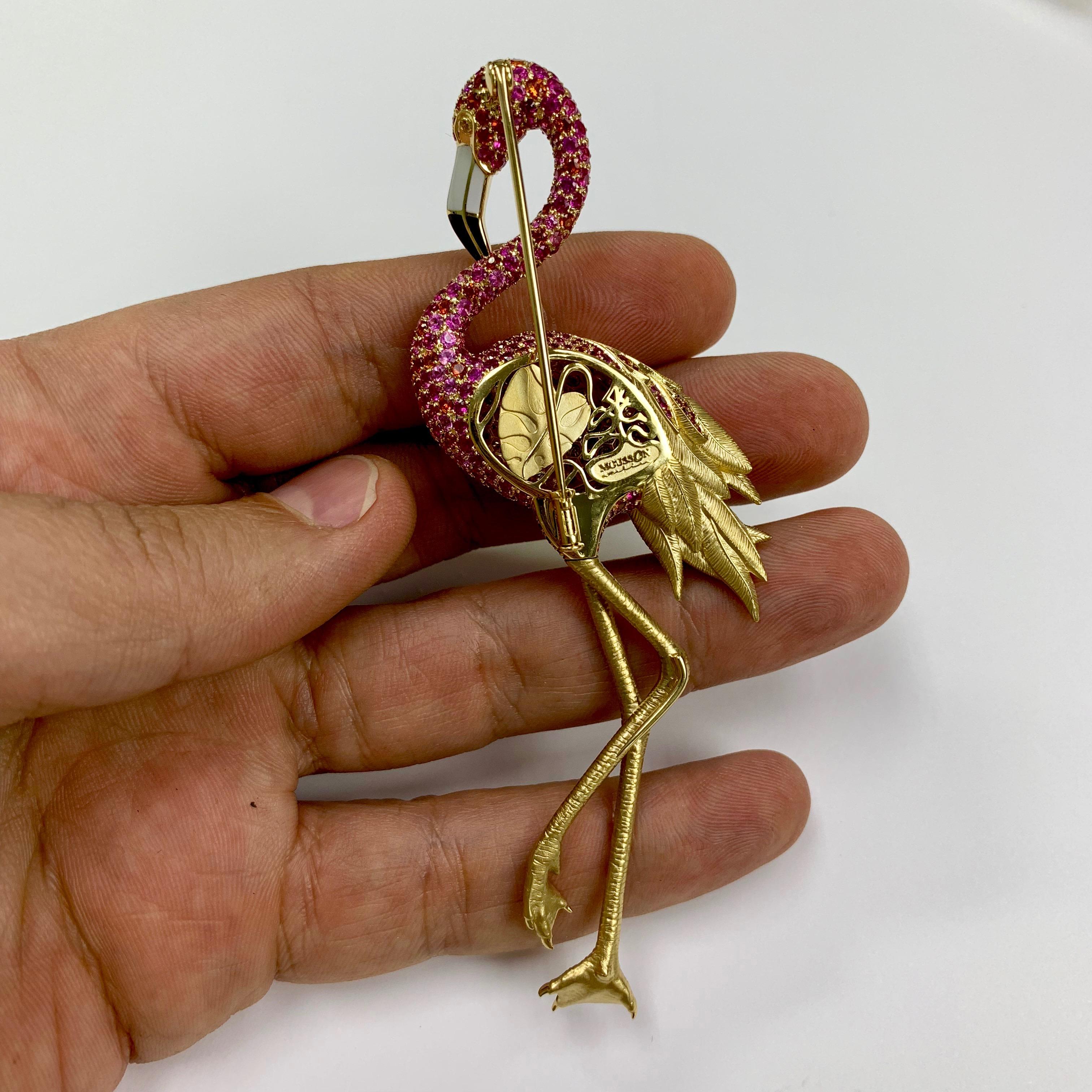 Contemporary Diamond Pink Orange Sapphire Enamel 18 Karat Yellow Gold Flamingo Brooch