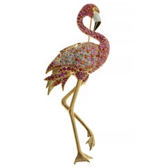 Diamond Pink Orange Sapphire Enamel 18 Karat Yellow Gold Flamingo Brooch