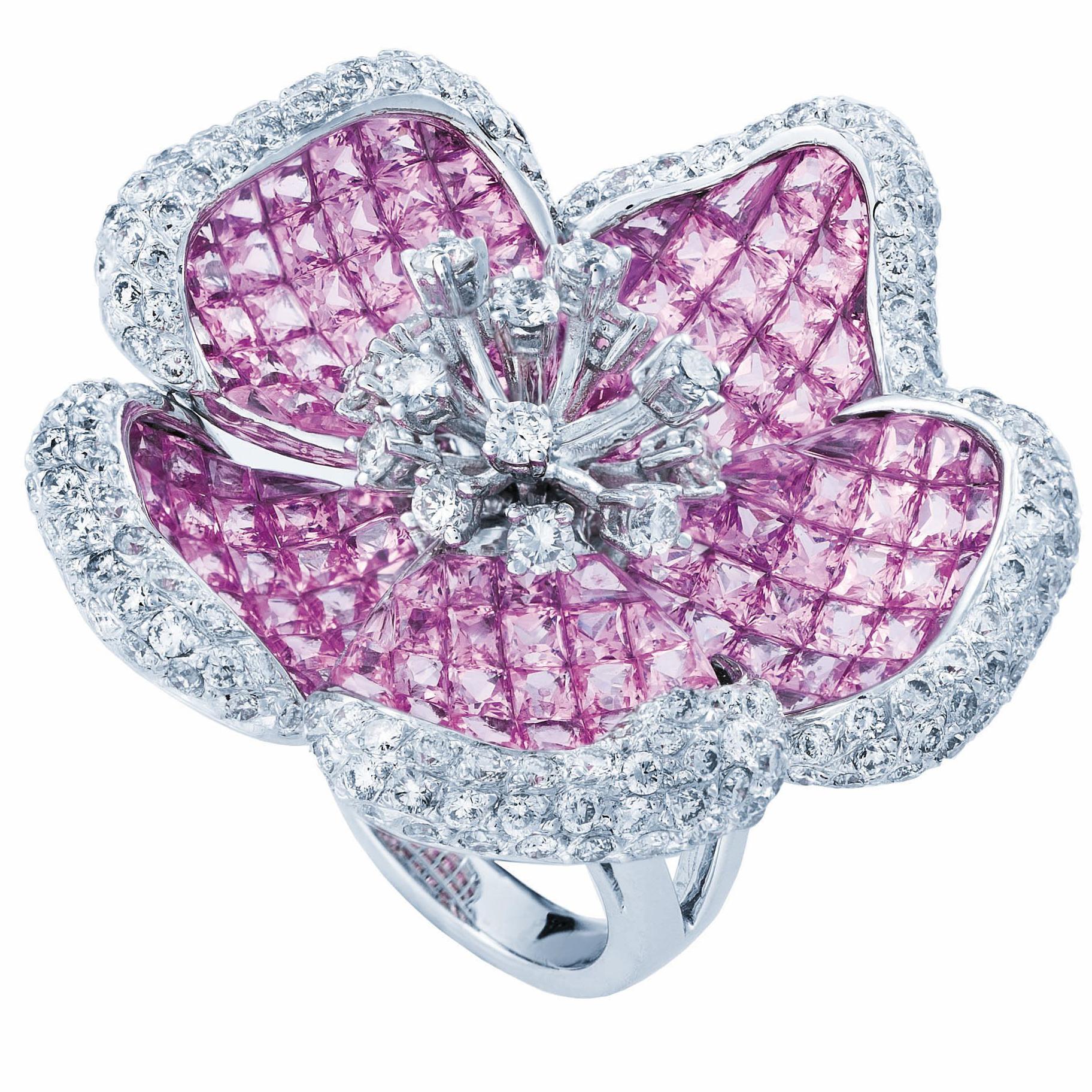 Diamond-Pink Sapphires 18karat white gold Flower Cocktail Ring For Sale