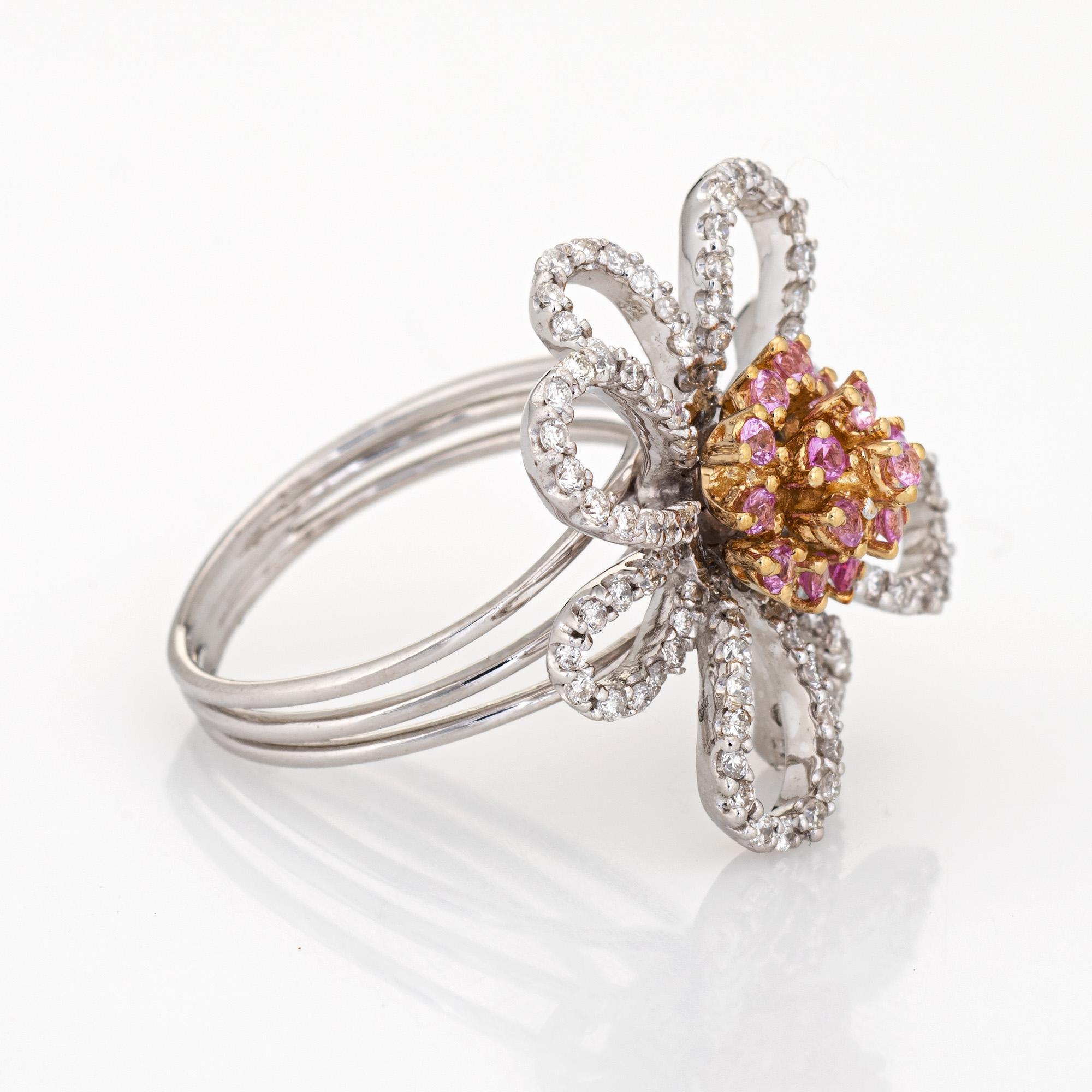 Contemporary Diamond Pink Topaz Flower Ring Estate 14k White Gold Cocktail Jewelry Sz 6.75  For Sale