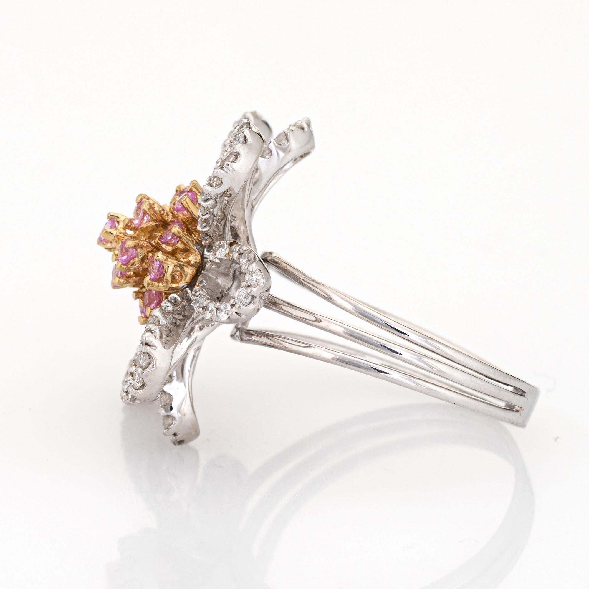 Round Cut Diamond Pink Topaz Flower Ring Estate 14k White Gold Cocktail Jewelry Sz 6.75  For Sale