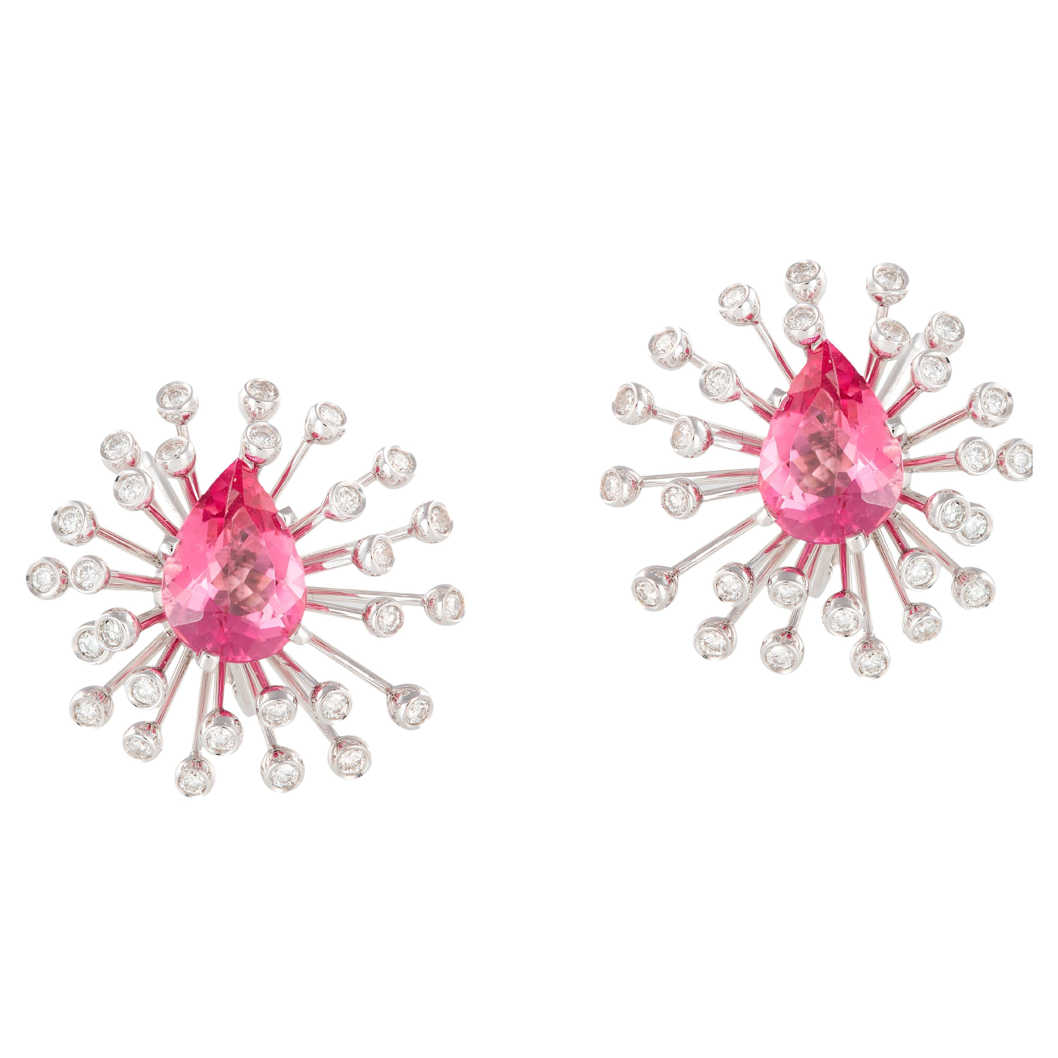 Diamond Pink Tourmaline 18 Kt White Gold Made in Italy Earrings For Sale