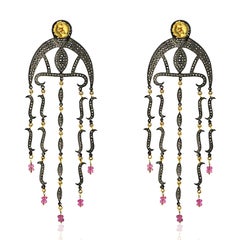 Diamond & Pink Tourmaline Chandelier Earrings in 18kt Gold & Oxidized Silver