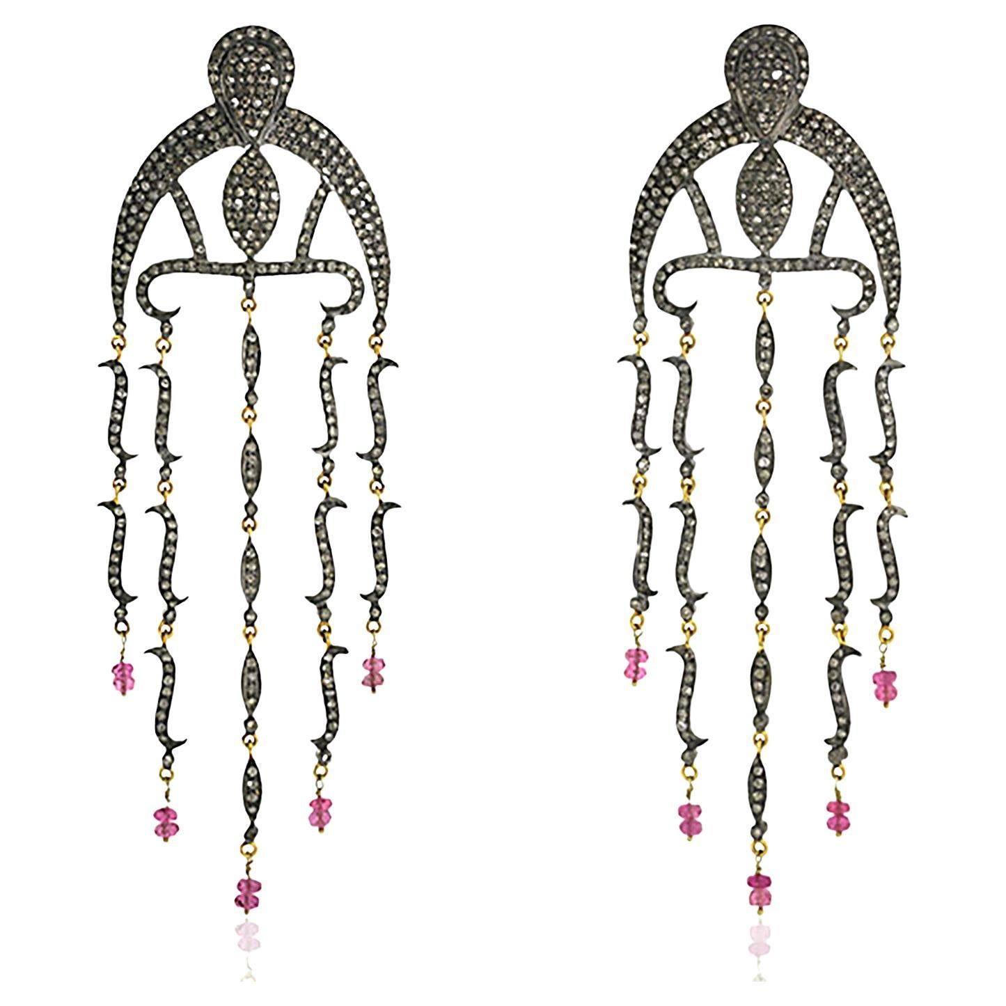 Diamond 
Pink Tourmaline Chandelier Earrings in 18kt Gold 
Oxidized Silver