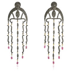 Diamond 
Pink Tourmaline Chandelier Earrings in 18kt Gold 
Oxidized Silver