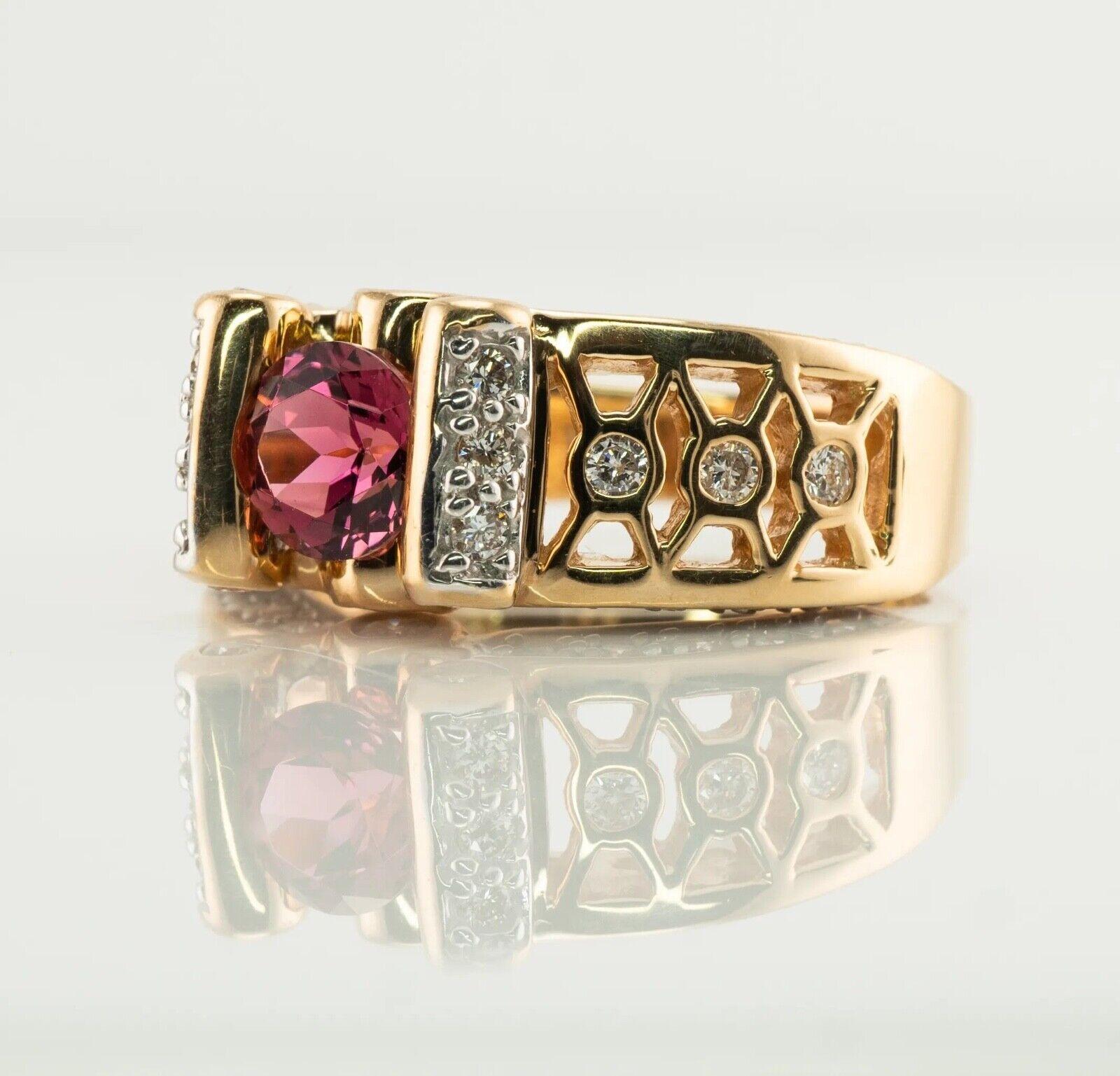 Diamond Pink Tourmaline Ring 14K Gold Band

This estate ring is finely crafted in solid 14K Yellow Gold and set with genuine Earth mined Pink Tourmaline and diamonds.
The Tourmaline is 6mm (.75ct) and this is a very clean gem of great intensity and