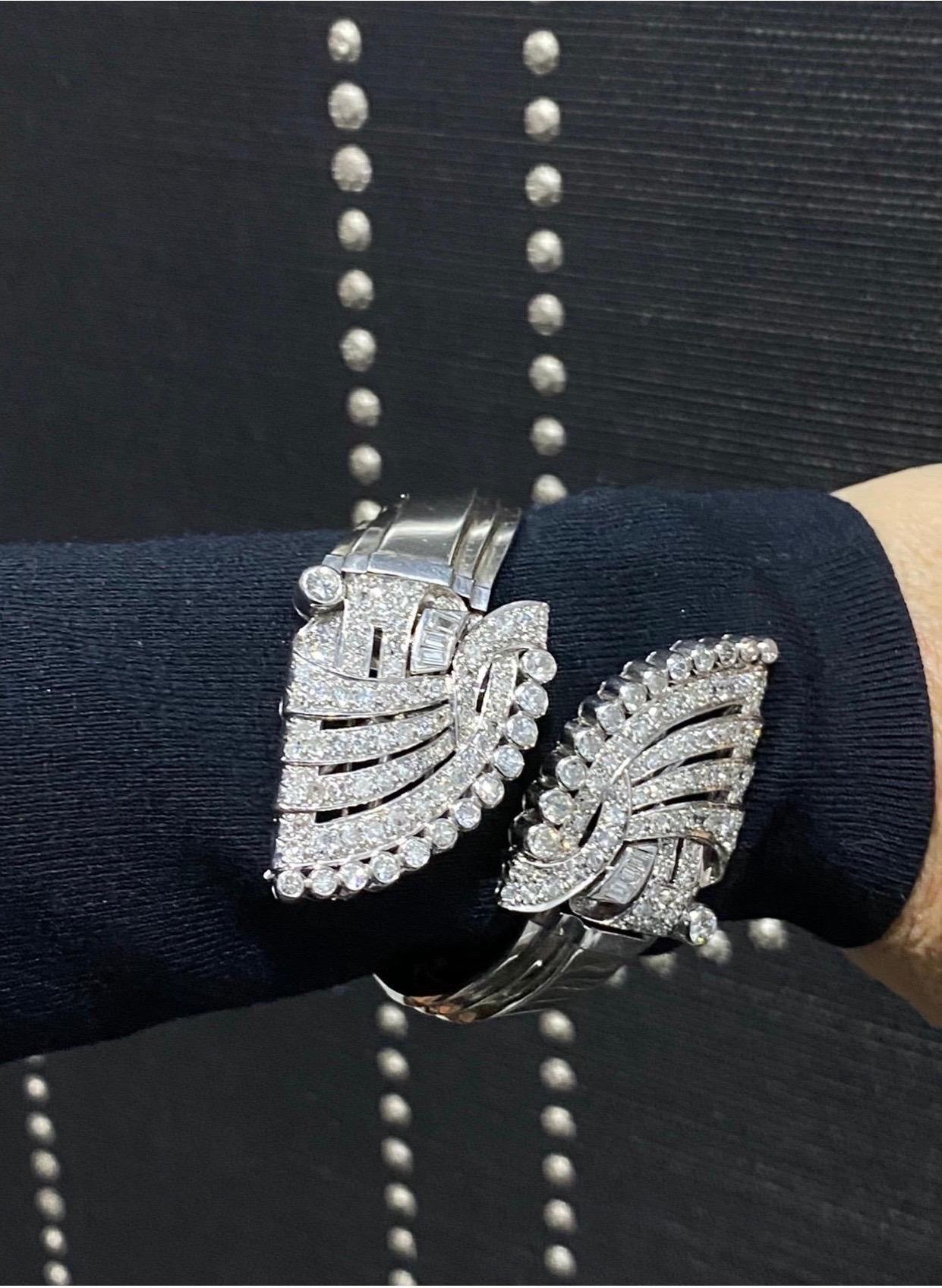 Diamond Platinum/18 Karat Art Deco Detachable Cuff Bracelet and Dress Clips In Good Condition In New York, NY